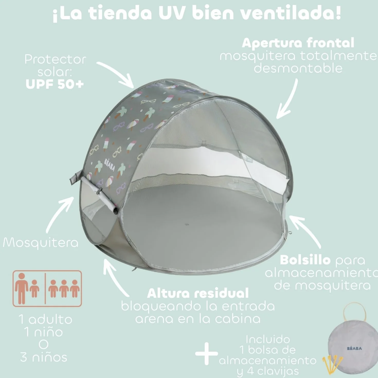 BÉABA, Tienda De Playa para Bebé, Tienda Anti UV Infantil, Protección Solar Máxima UPF50+, Filtrado UV, Ventilación 360°, Mosquitera, Espaciosa, Sistema Pop-Up, Bolsa De Transporte, Breezy, Caqui