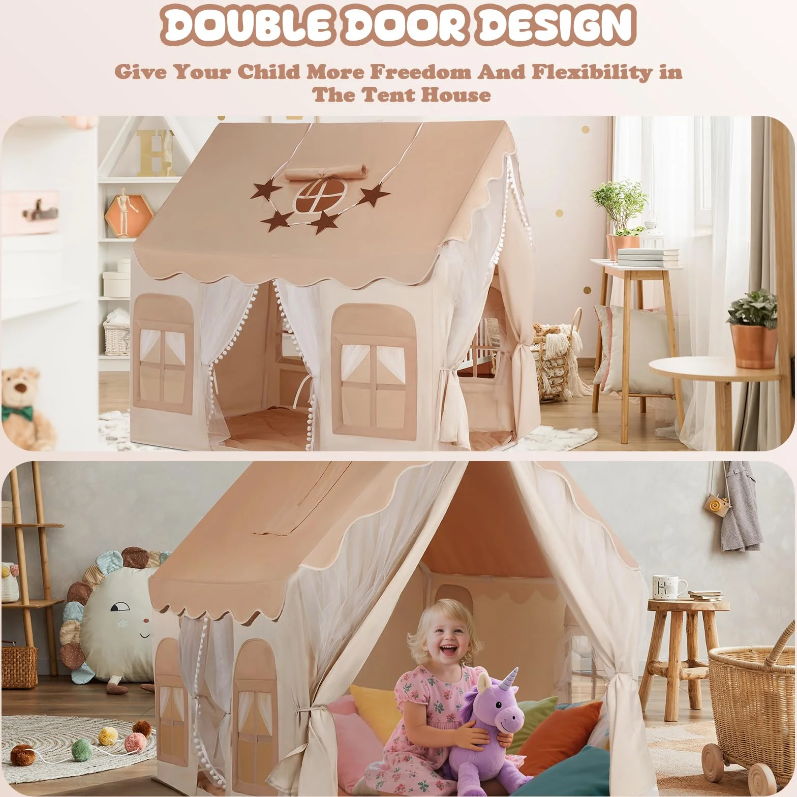 snookids Tienda para niños - Casa de Juego Interior con Alfombra, Luces, Colgantes de arcoíris y Bandera Estrellas, Tienda Juego para la decoración de la habitación niños y niñas