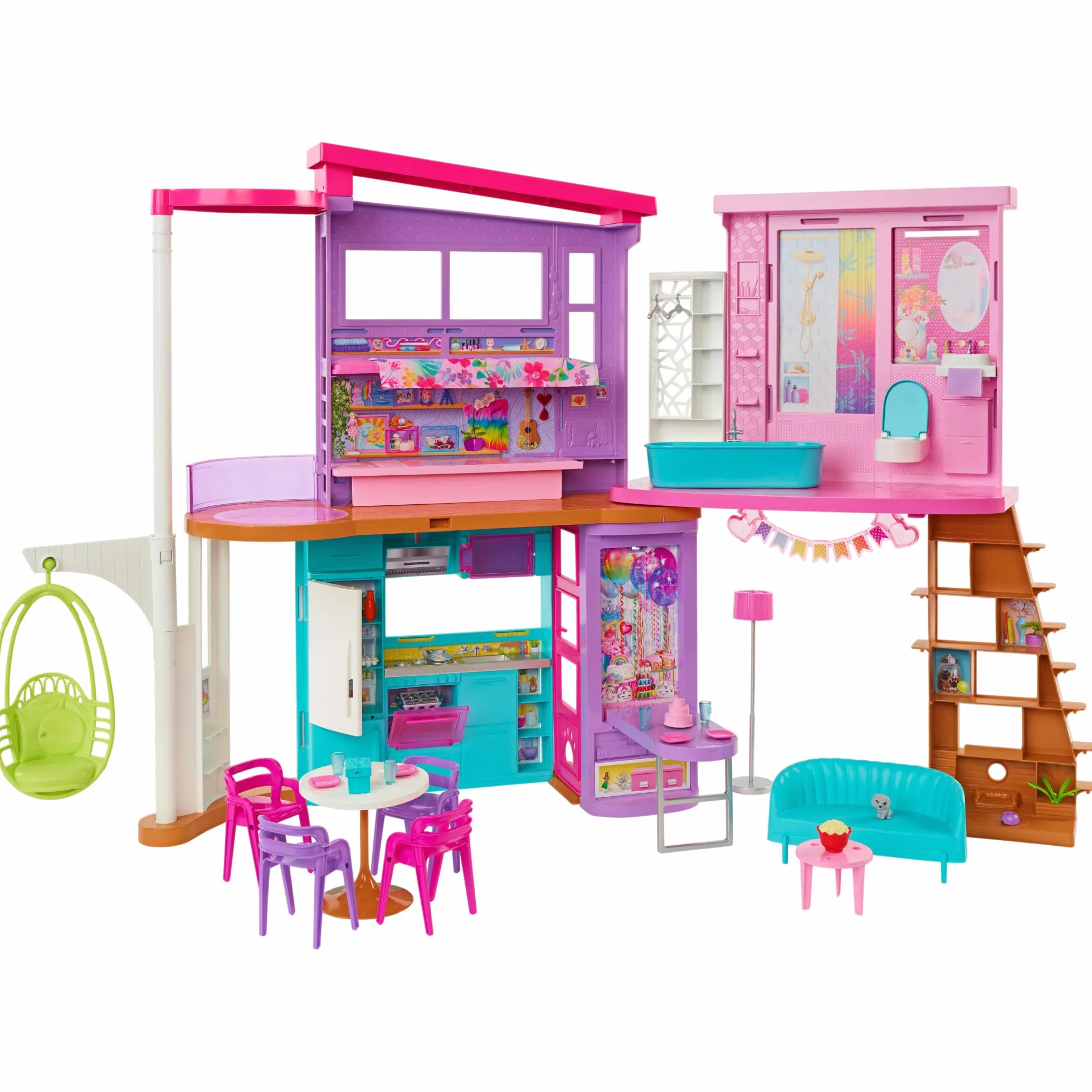 Barbie Casa Malibú Casa de muñecas plegable 2 pisos con 6 habitaciones y muebles, incluye 30 accesorios, juguete de regalo +3 años (Mattel HCD50)