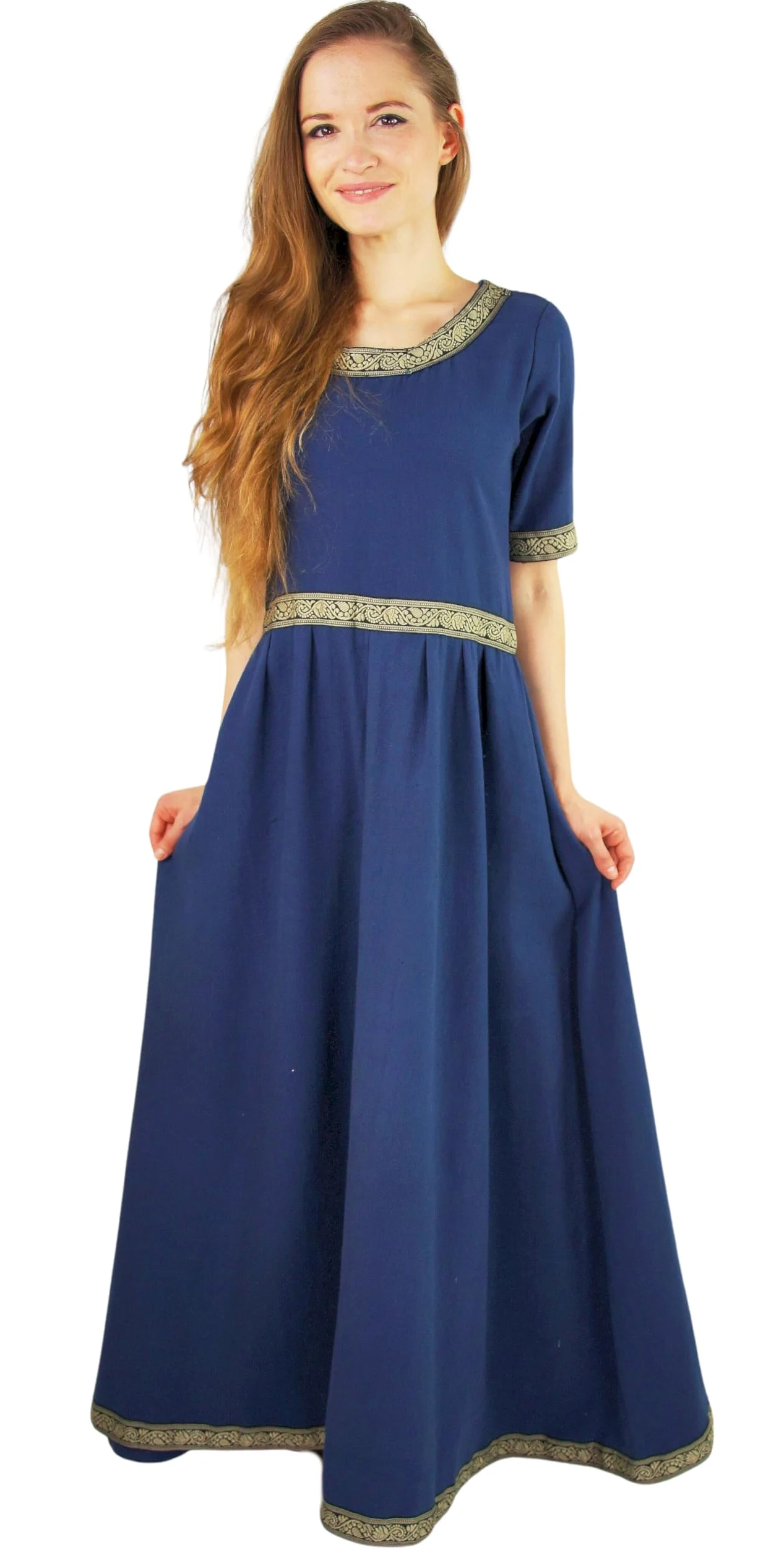 Leonardo Carbone® Vestido de mujer Ennlin, diseño de cenefa, espalda con cordones, carnaval, Halloween, cosplay, LARP, medieval, vikingo, disfraz, línea A, 100% algodón