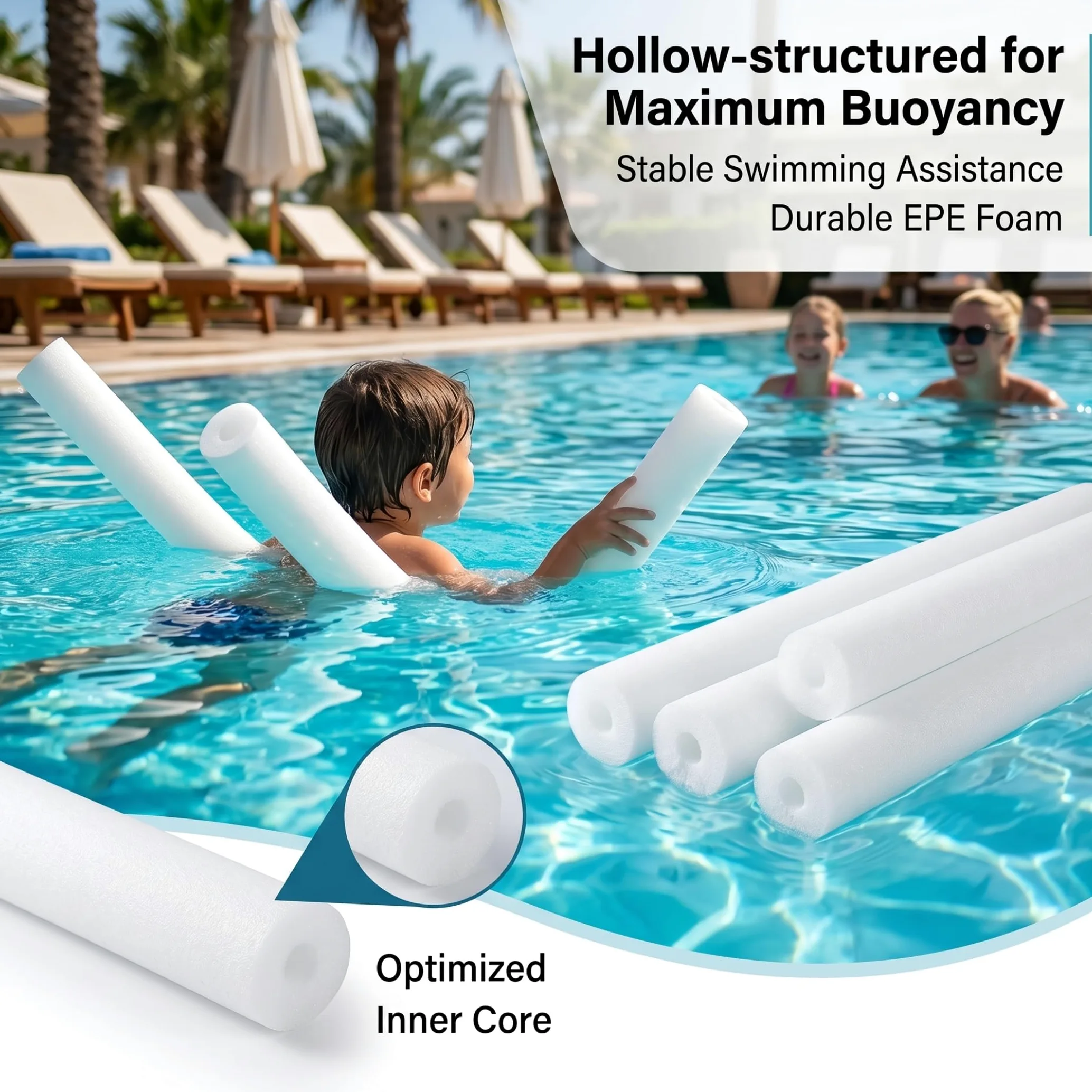 Jumbo Pool Noodle 5 Piezas Claro Blanco 59 Pulgadas | Construcción hueca liviana, segura para niños, para diversión en la piscina de verano