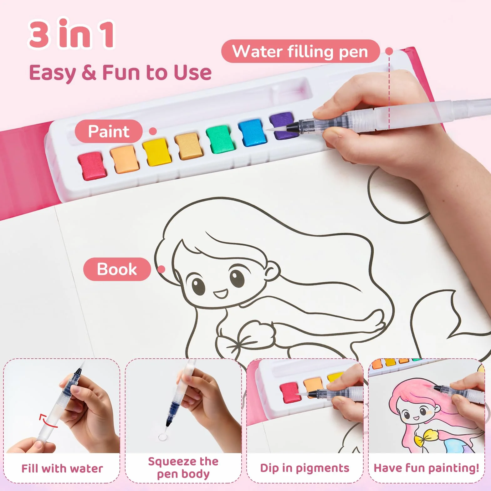 JoyCat Libro para colorear con acuarelas para niños pequeños a partir de 3-8 años, juego de acuarela para arte y manualidades, juguete educativo como regalo de cumpleaños para niños y niñas