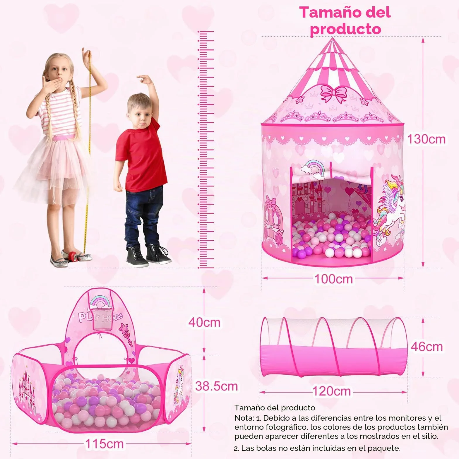Wilwolfer Tienda de Campaña Infantil Pop-up+Túnel de Juego Infantil+Piscina de Bolas Bebé - 3-en-1 Tienda de Juego para Niños Niñas - Gran Casita Infantil Interior y Exterior