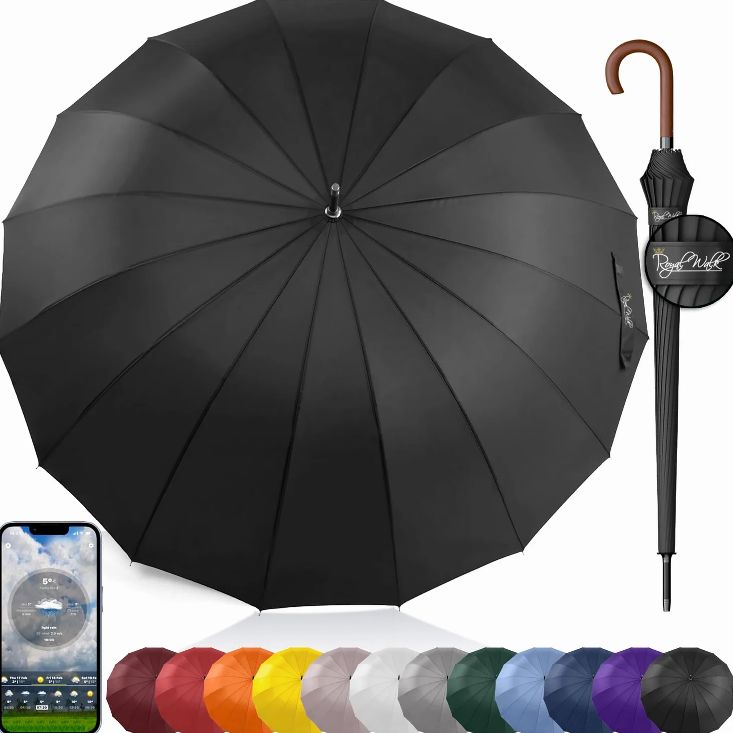 Royal Walk Paraguas Antiviento Automático 54 Pulgadas 120cm 16 Varillas Impermeable Negro