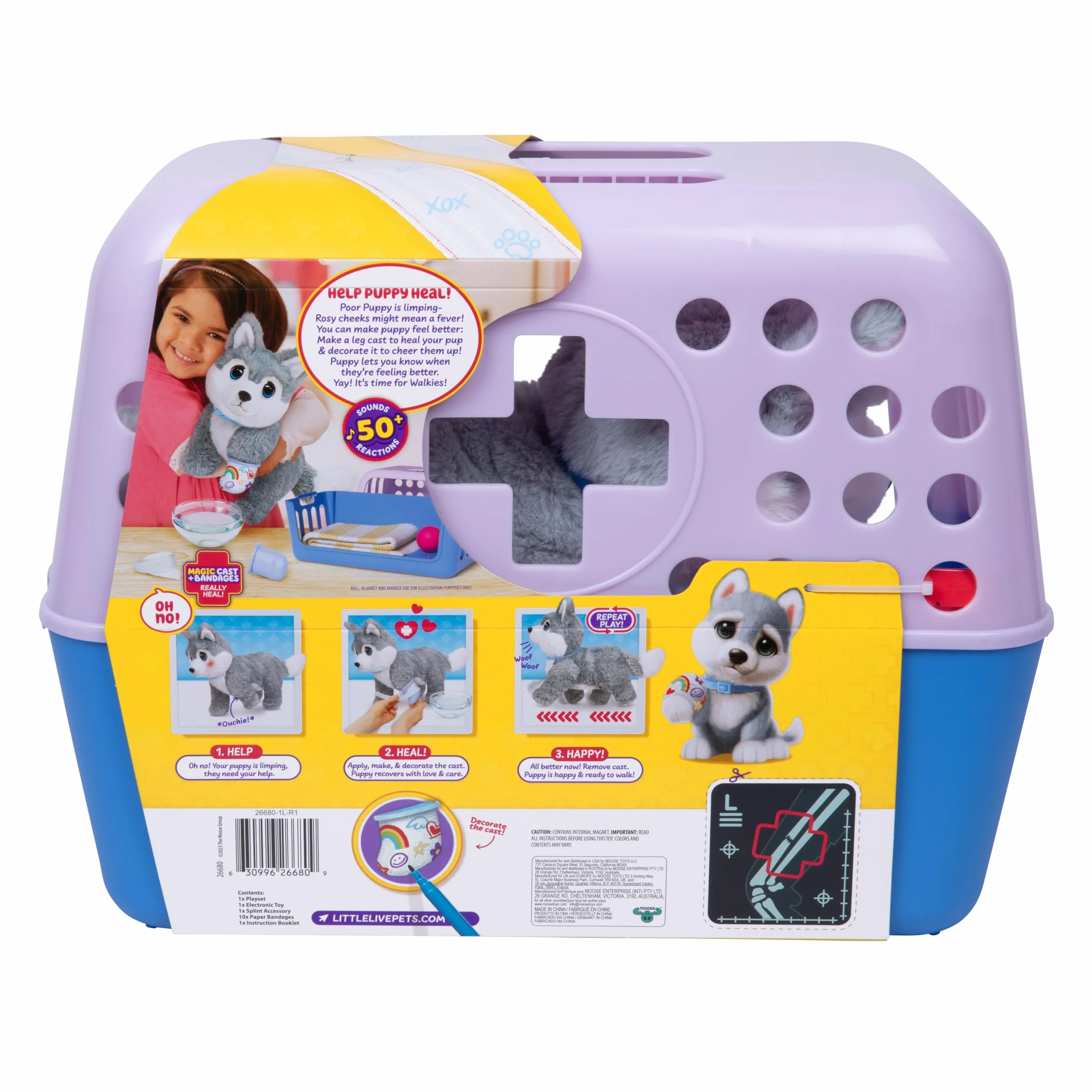 Little Live Pets Ouchies Aspen – Exclusivo Cachorro Husky Interactivo con más de 50 Sonidos y reacciones, Incluye Set de Veterinario y Bolsa de Transporte, a Partir de 4 años