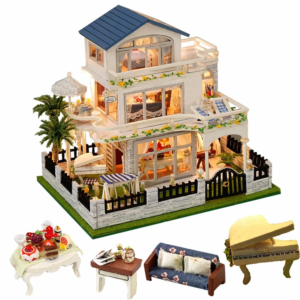 Casa de muñecas de Madera en Miniatura Estilo Europeo, Villa, Kit de casa de muñecas DIY, Edificio en 3D, Modelo de Creatividad, Regalos para Amigos y Padres