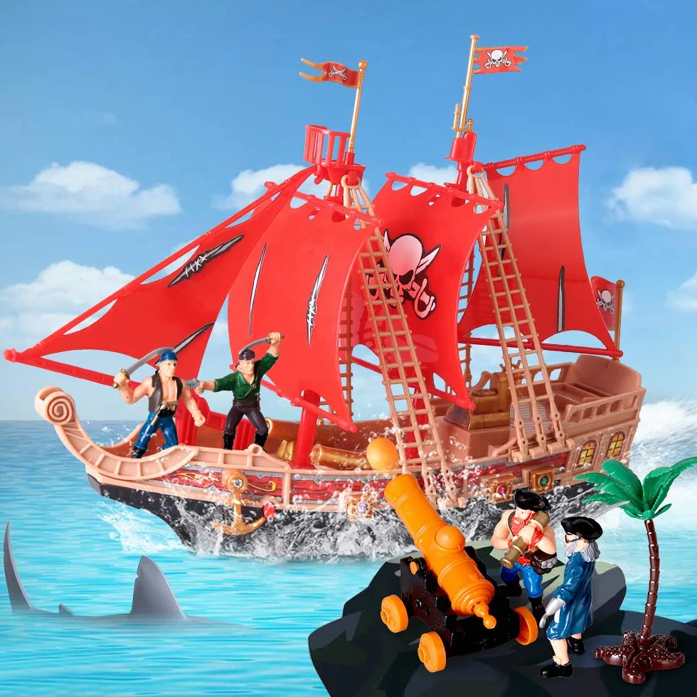 Juguetes de aventura barcos piratas infantiles con muñecas de Acción de plástico máquinas de juego barcos piratas con tiburones,barcos,cañones,árboles y otros accesorios regalos educativos 3-8 años