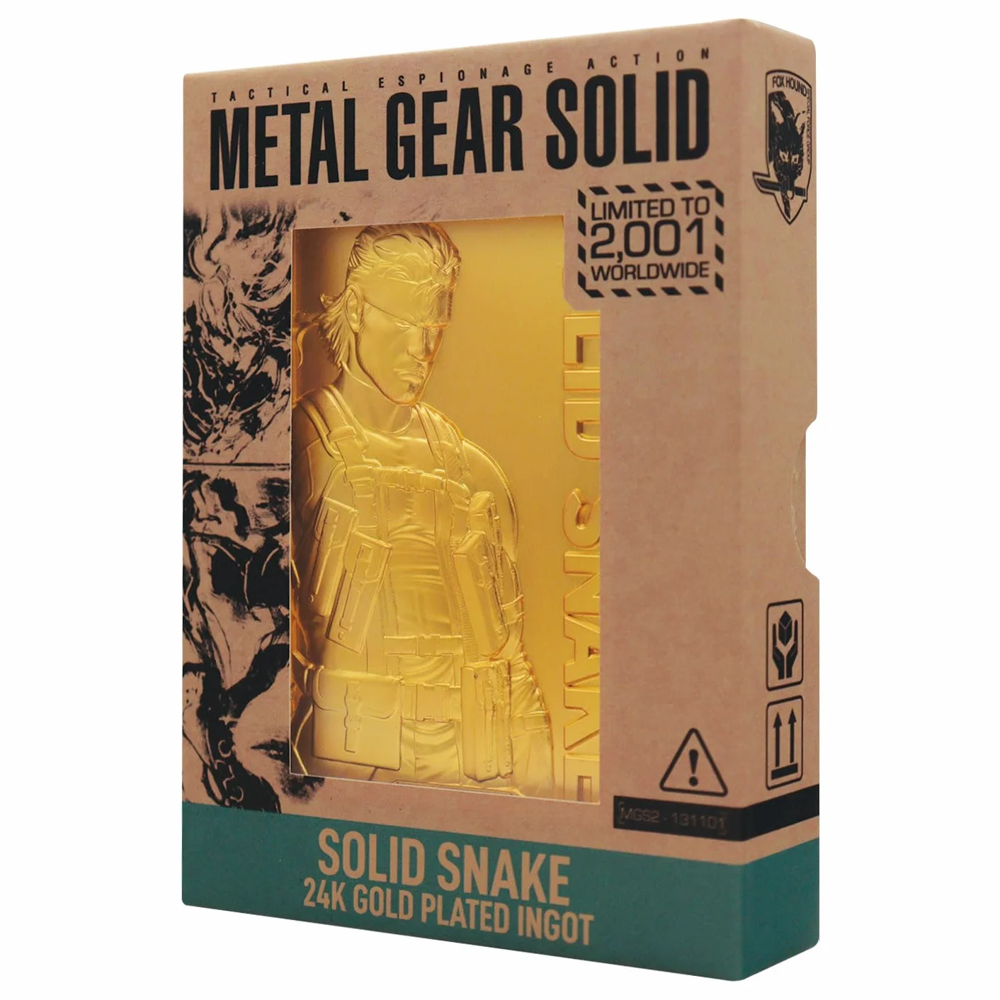 FaNaTtik Metal Gear Solid 2 - Lingote de serpiente sólido chapado en oro de 24 quilates, con licencia oficial y edición limitada coleccionable (2.001 en todo el mundo) con numeración individual