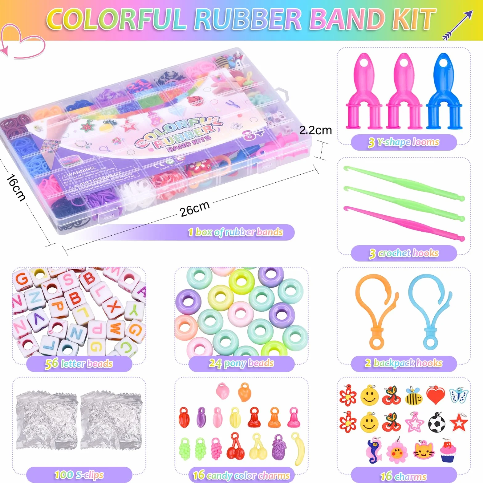 AOKITO Juego de 2500 cintas de loom, 32 colores, bandas de goma con ganchos de perlas, caja de almacenamiento, pulseras de accesorios para hacer tus propias pulseras
