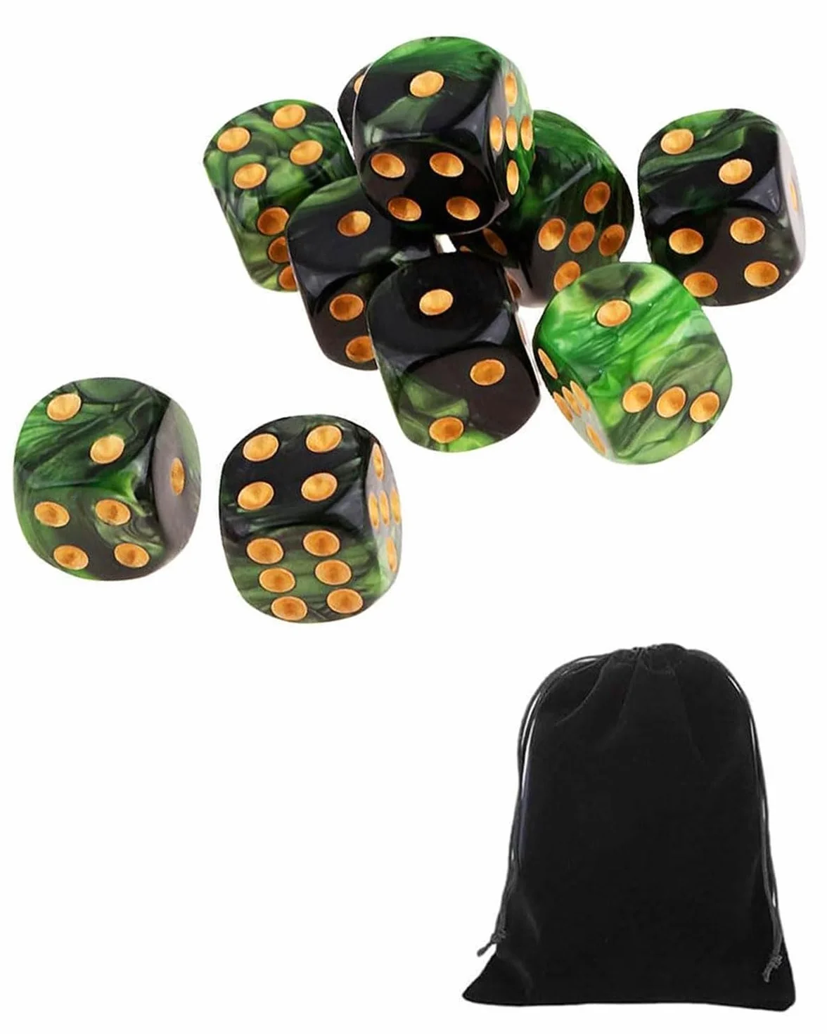 10 PCS Dados,16mm D6 Dados de Rol,Juego de Dado con Bolsa de Terciopelo para juegos de Rol,Mesa,Dice Football,Lecciones de Matemáticas(Negro-Verde)