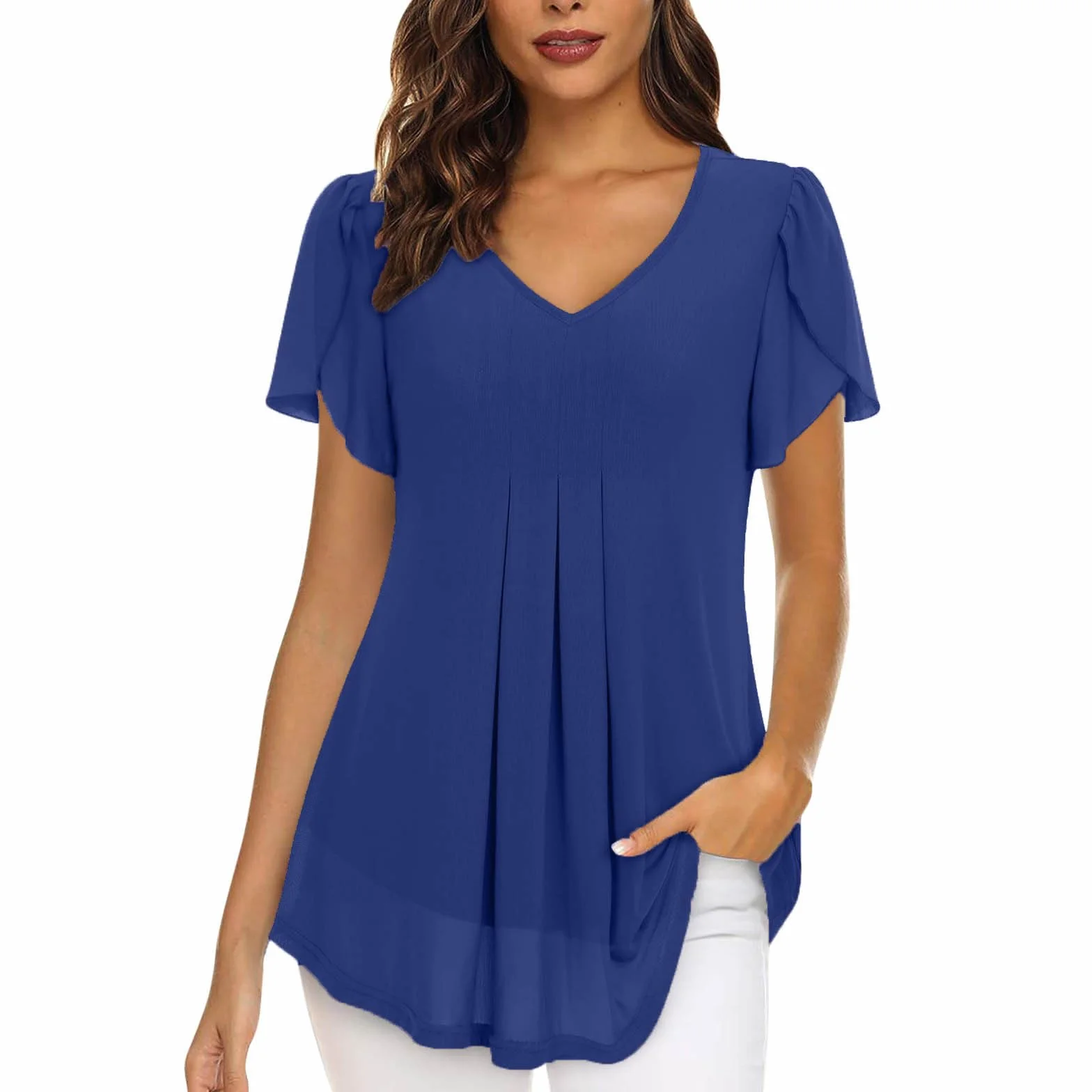 Camiseta Mujer Gasa Manga Corta Cuello en V Color Sólido Elegante Casual Verano Túnica