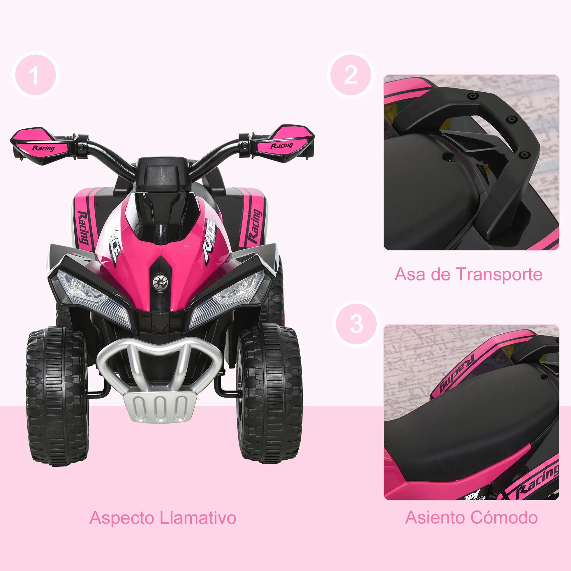 HOMCOM Quad Correpasillos Coche Correpasillos para Niños de 18-36 Meses con Función de Luces y Música Soporta hasta 20 kg 67,5x38x44 cm Rosa