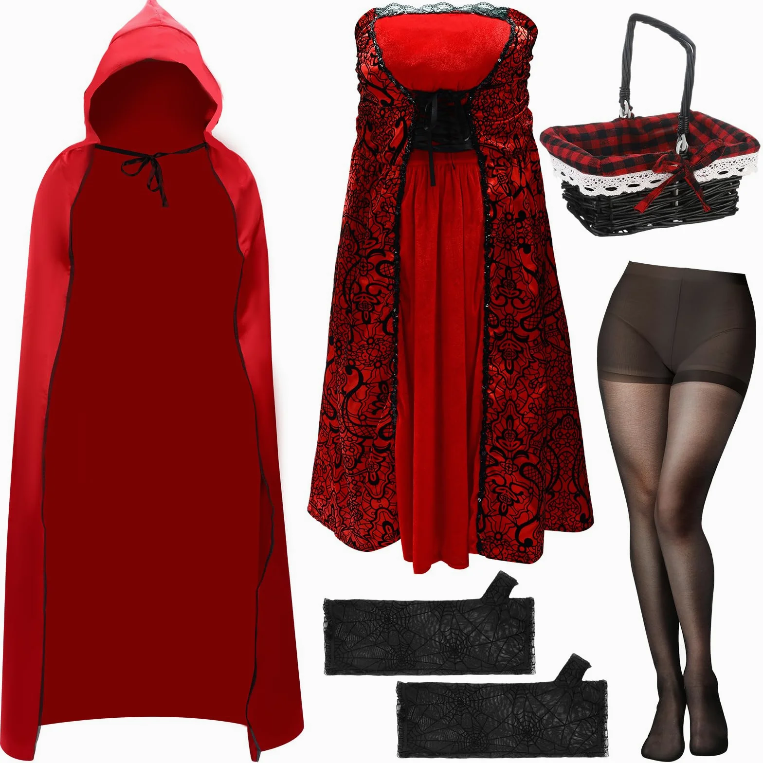 Mepase Disfraz de Caperucita Roja de talla grande para mujer adulta, capa con capucha de Halloween, capa roja, vestido, medias, guantes para cosplay, accesorios de fiesta