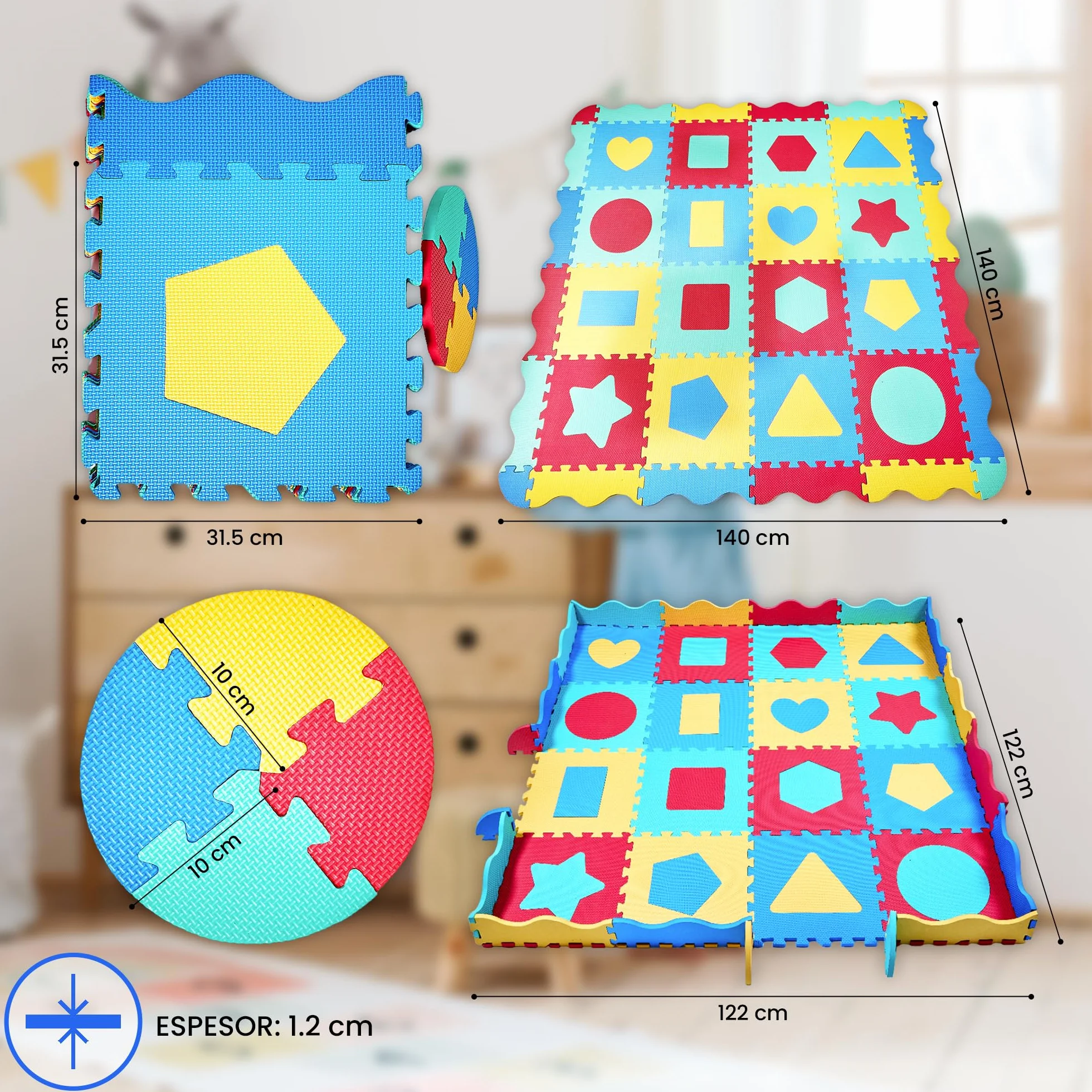 Alfombra Puzzle Bebé Goma EVA 140x140 cm con 36 Piezas Intercambiables, Bordes y Bolsa de Almacenaje