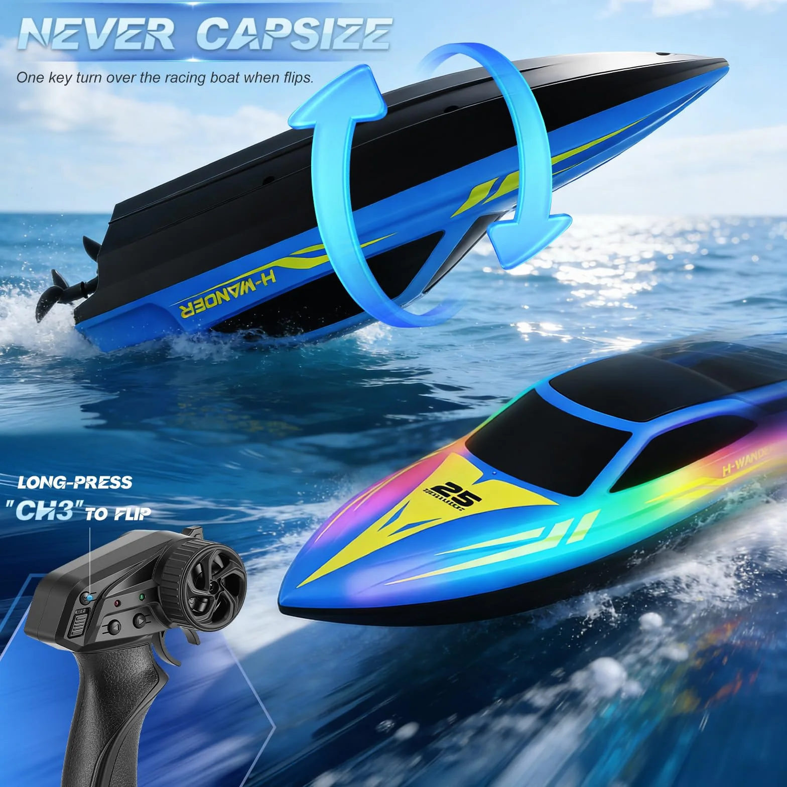 Paquete de 2 botes teledirigidos con luz LED y 2 baterías, 24 km/h, barcos de carreras de 2,4 GHz para piscinas y lagos, juguetes de agua de verano, regalo para niños de 8 a 12 años para piscinas y