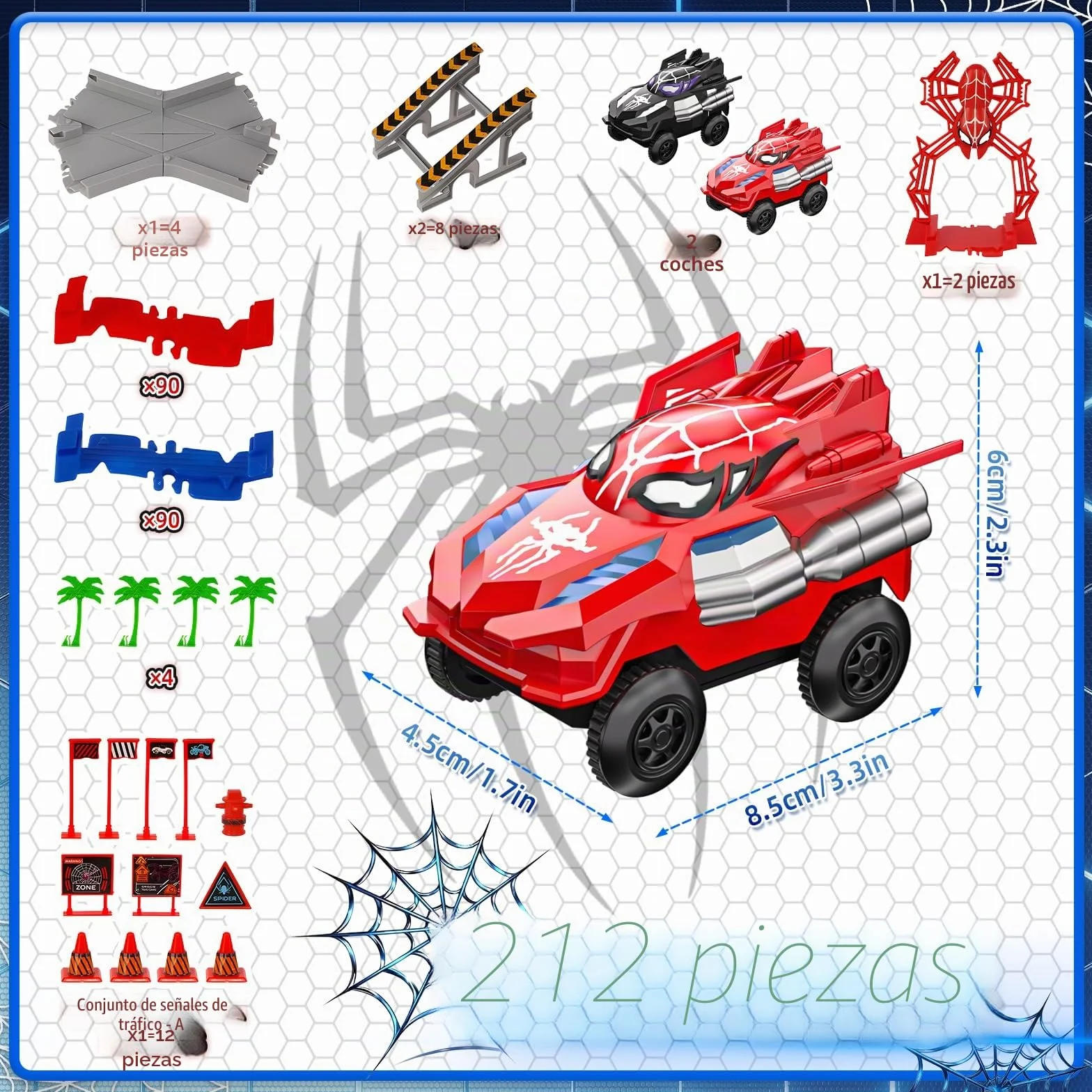 Kssvzz Spider Circuito Coches Niños 2 3 4 5 6 Años, Flexible Pista de Carros Juguete, Regalo Cumpleaños Navidad Niño Niña 2-8 Años(212 Piezas)