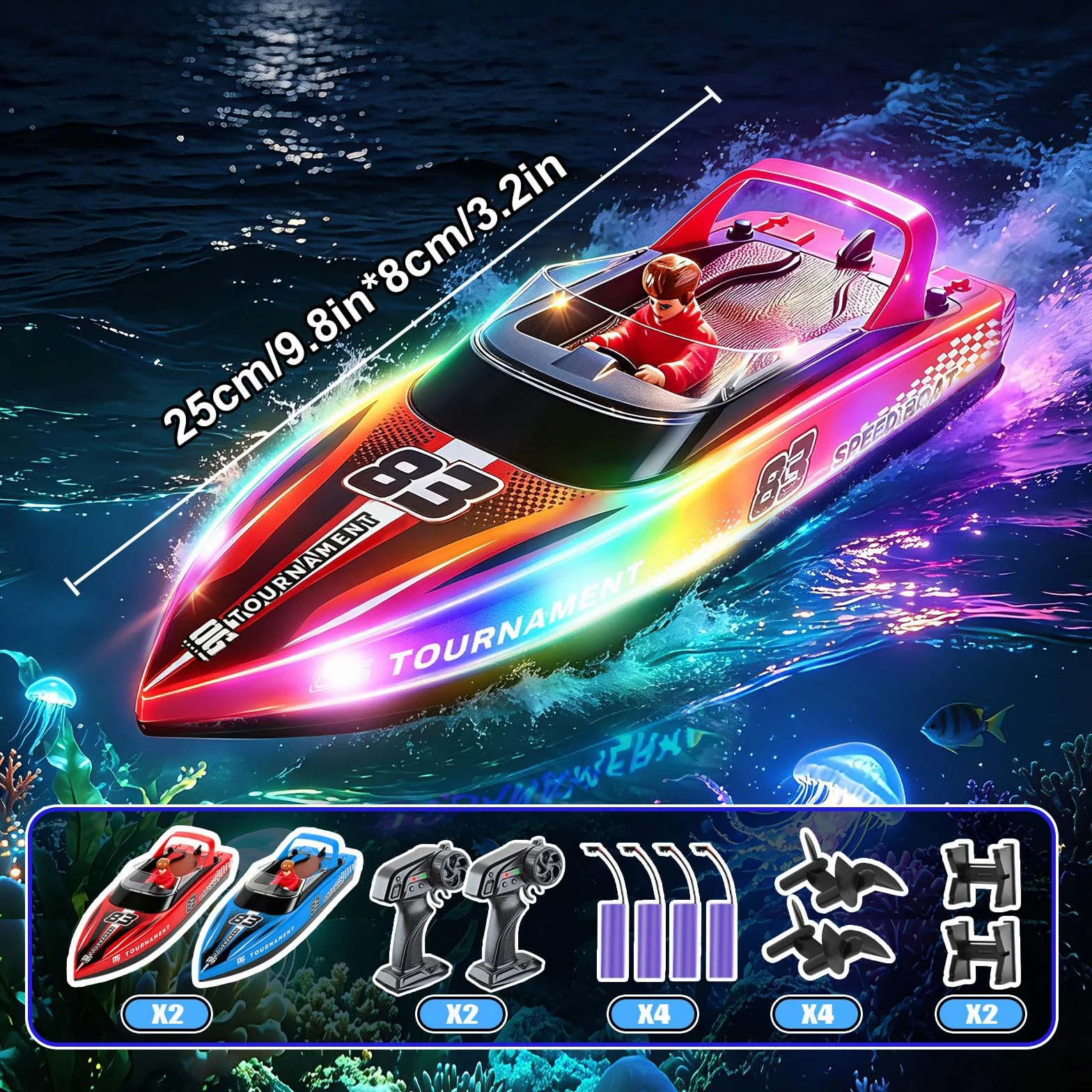 YOOHBERRYS Barco Teledirigido 2 Piezas, 2,4 GHz Barco de Control Remoto con Luces LED para Piscinas y Lagos, Barcos RC Regalo Juguete para Niños y Adultos (2PCS)