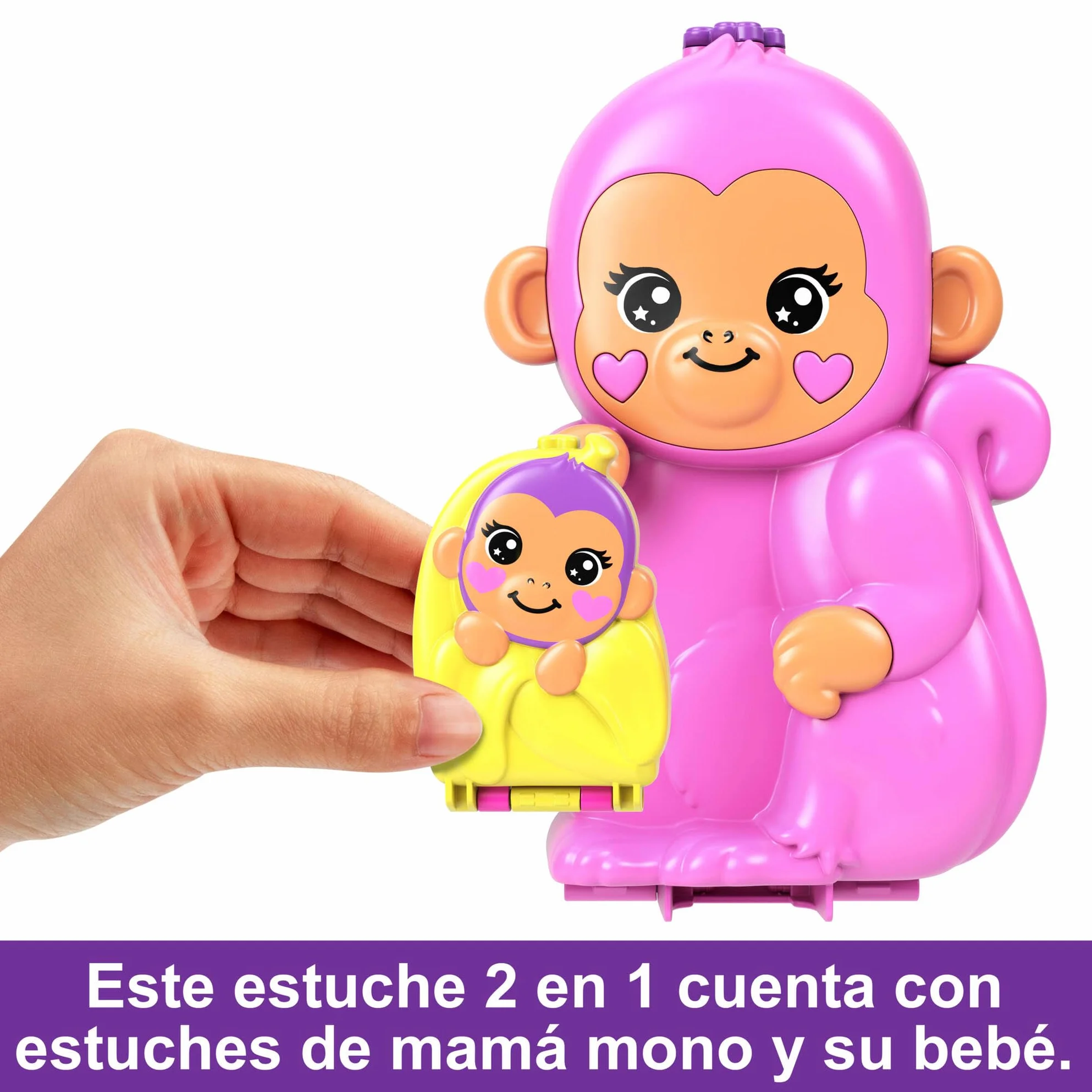 Polly Pocket Adventures in Rio Mamá mono y su bebé, Cofre-bolso 2 en 1, 2 sets de juego que incluyen 2 mini muñecas, animales y teleférico, juguete regalo para niños y niñas +4 años, HWP04