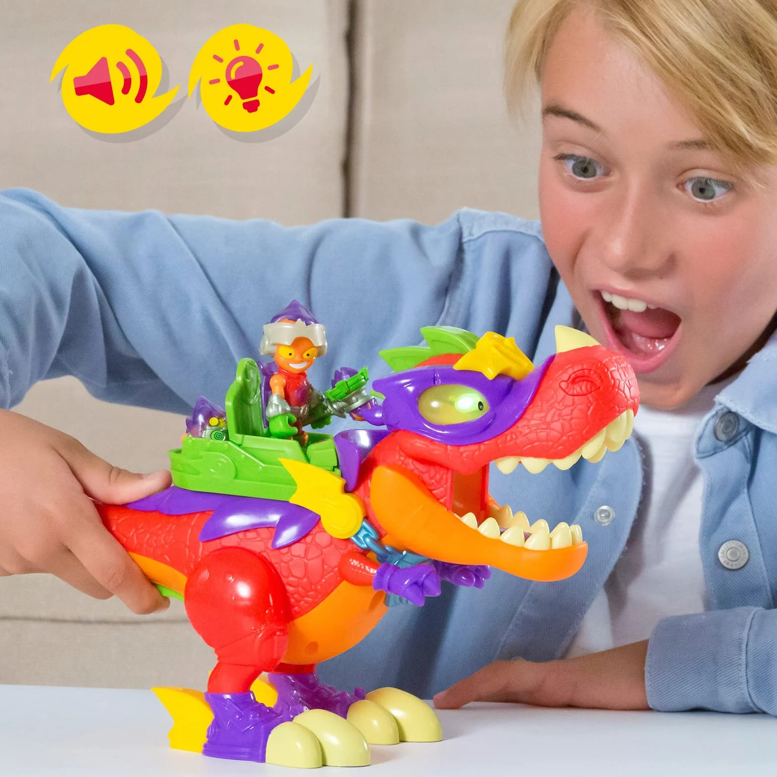 SUPERTHINGS RIVALS OF KABOOM Superdino V-Rex, Dinosaurio articulado Villano con Efectos de luz y Sonido, 1 Kazoom Kid y 1 SuperThing