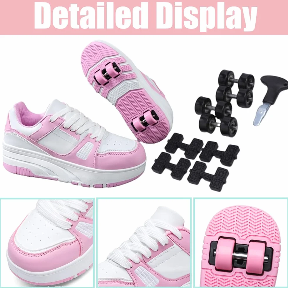 Hixingo Zapatillas con Ruedas Niña Niño, Zapatos con Ruedas Negro Rosa Patines Transpirable Calzado Skateboarding