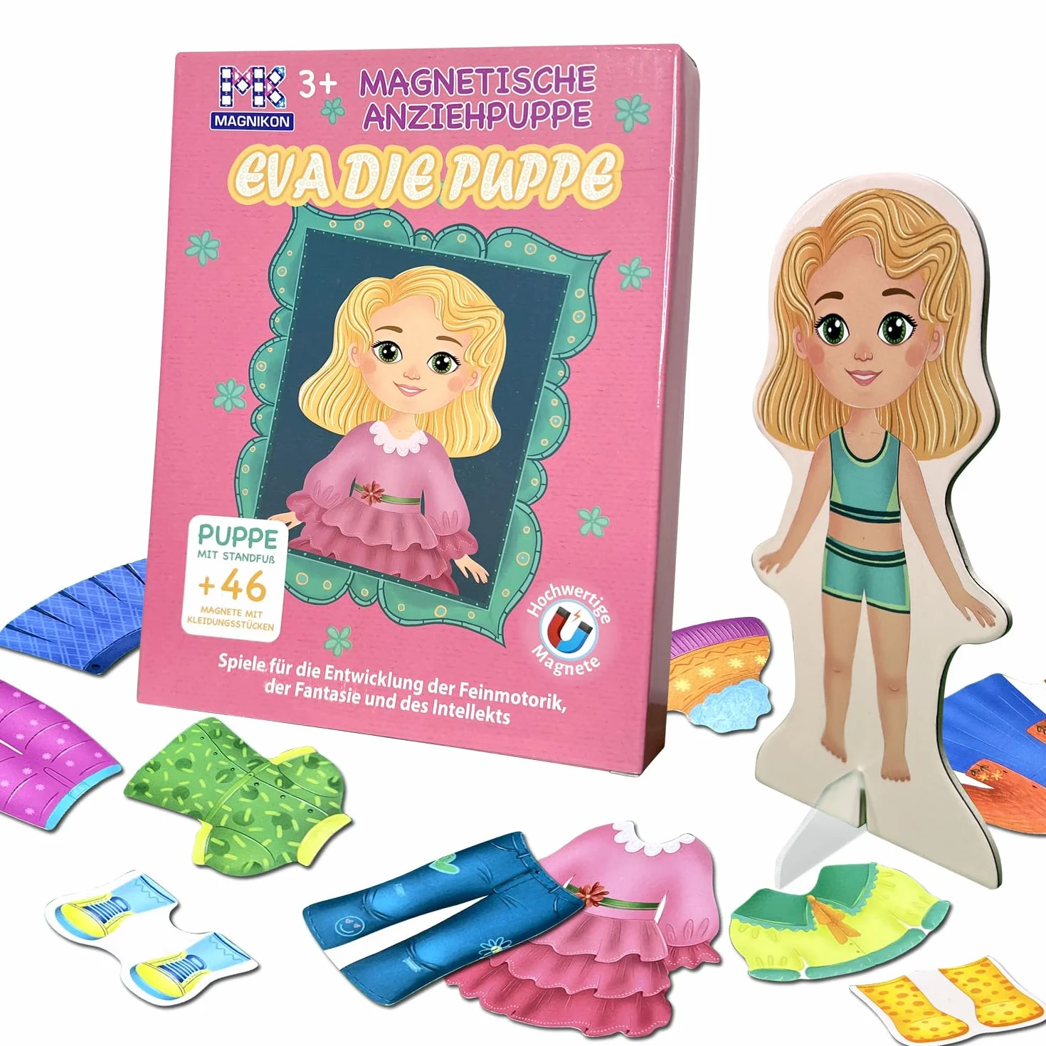 MAGNIKON Muñeca magnética de Eva la muñeca, muñecos magnéticos para vestir, muñecos magnéticos, juguetes para viajar, libro de vestir, juego magnético con 46 imanes