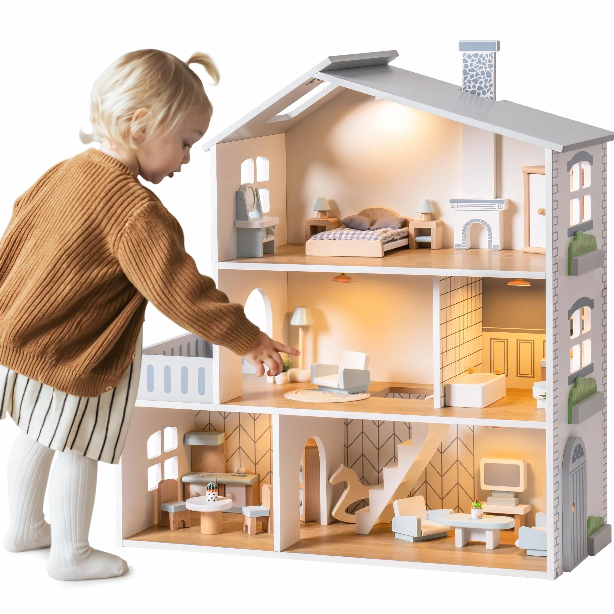 ROBUD Casa de muñecas de Madera, 3 Pisos, Incluye Muebles y escaleras, Juguete para niños a Partir de 3 años
