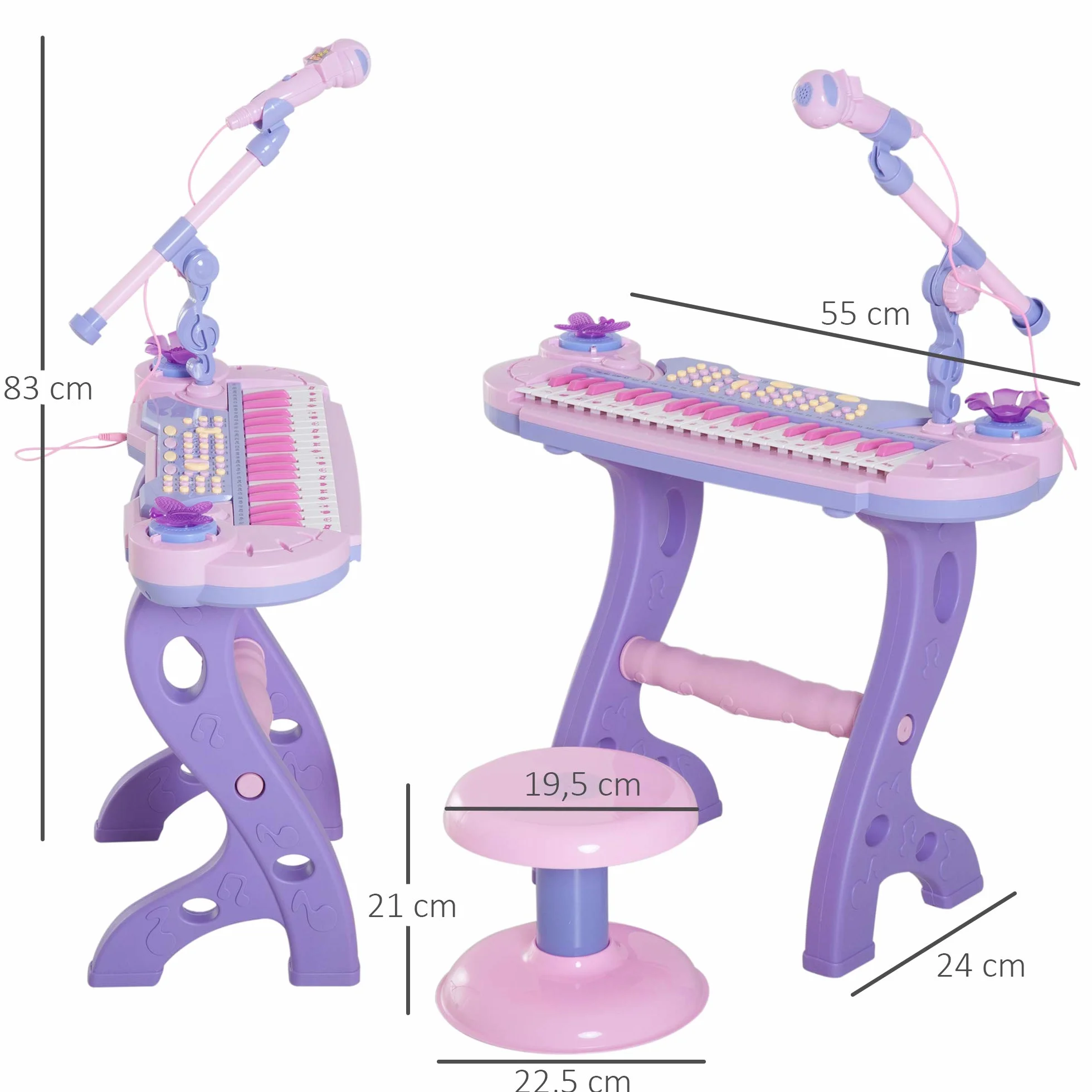 HOMCOM Piano Infantil 37 Teclas Teclado Electrónico Juego de Piano Regalo Juguete Educativo para Niños +3 Años con Micrófono Taburete Luces y 22 Canciones USB/MP3 Karaoke Rosa