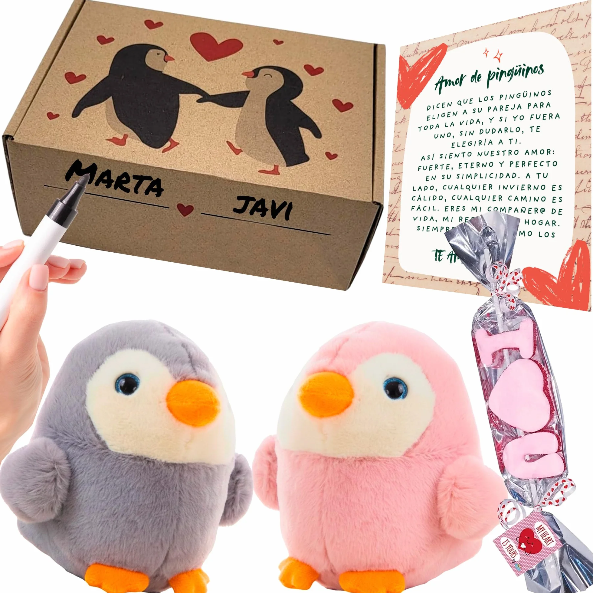 Regalo Pareja | Peluches Pingüino con Carta de Amor y Caja Decorada | Regalos Originales para Aniversario Pareja | Regalos Personalizados para Enamorados o San Valentín