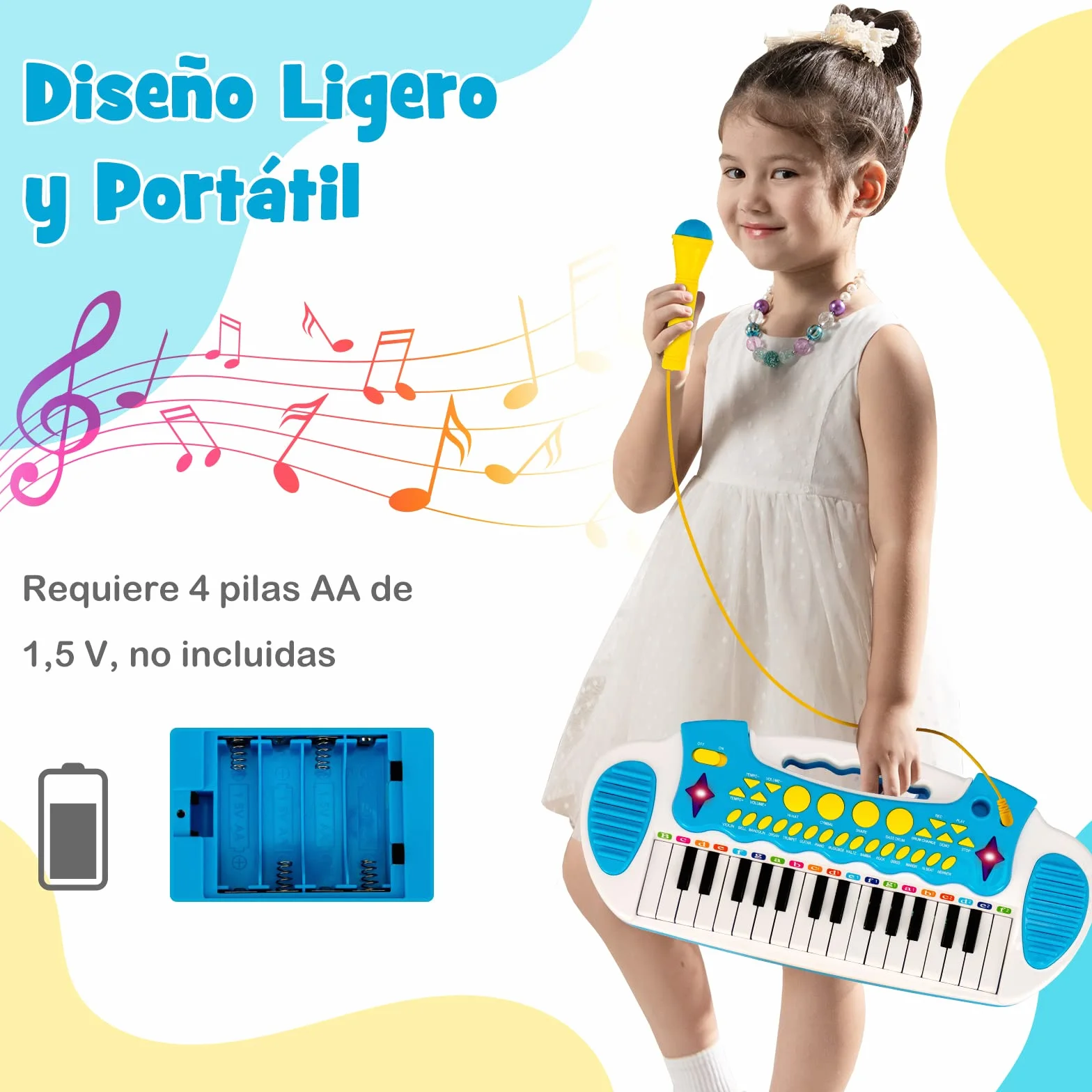 COSTWAY Teclado Piano Infantil de 31 Teclas, Juguete Musical Piano Infantil para Niños con Efectos de Luz, Múltiples Sonidos, Micrófono y Taburete, Órgano Electrónico Educativo para 3＋Niños (Azul)