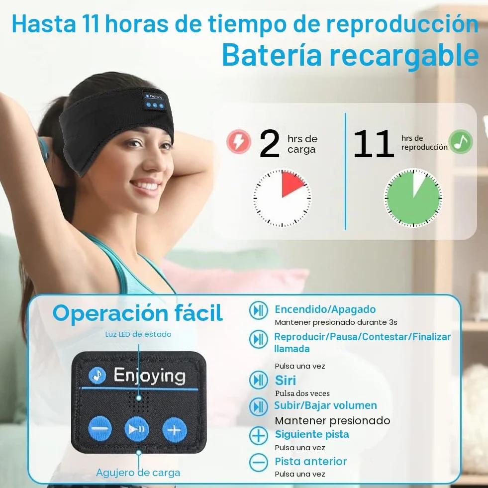 Auriculares para Dormir Bluetooth 5.4, Diadema Deportiva Antifaz, Música, Correr (Negro)