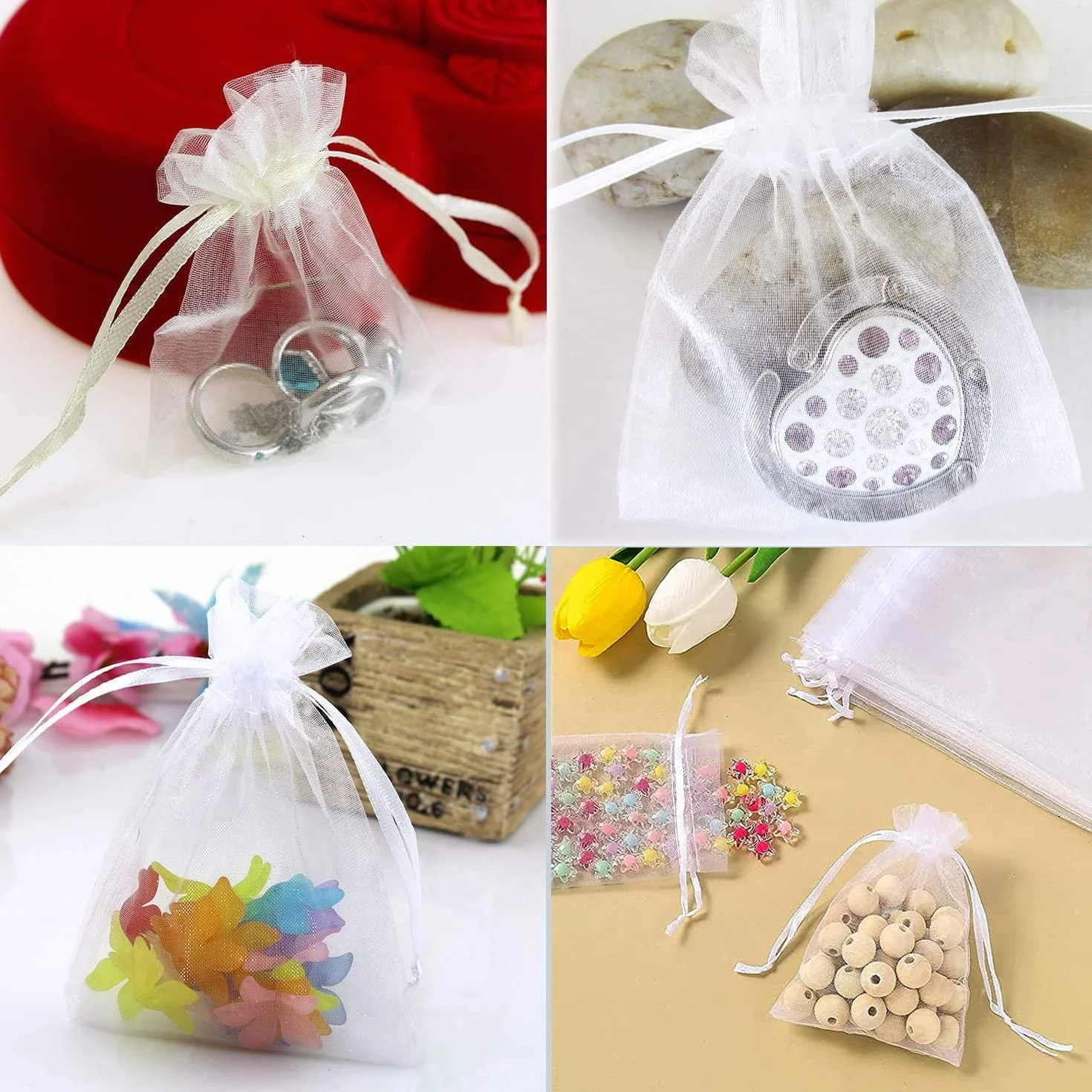 100 bolsas de organza blancas de 9 x 12 cm, bolsas de regalo, joyas para bodas, fiestas, festivales, fiestas y bodas, cordón de satén
