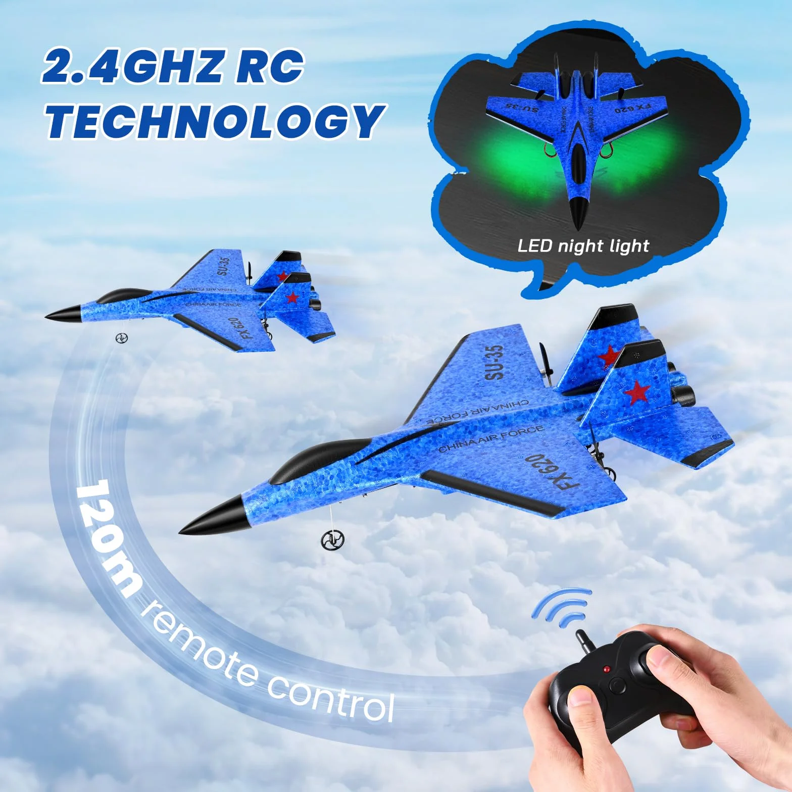 Avión Teledirigido, Avión RC 2.4GHz Avións Control Remoto Niño, Luces LED de Colores, para Niños y Principiantes, estabilizador giroscópico de 3 Ejes de Control Remoto,Azul