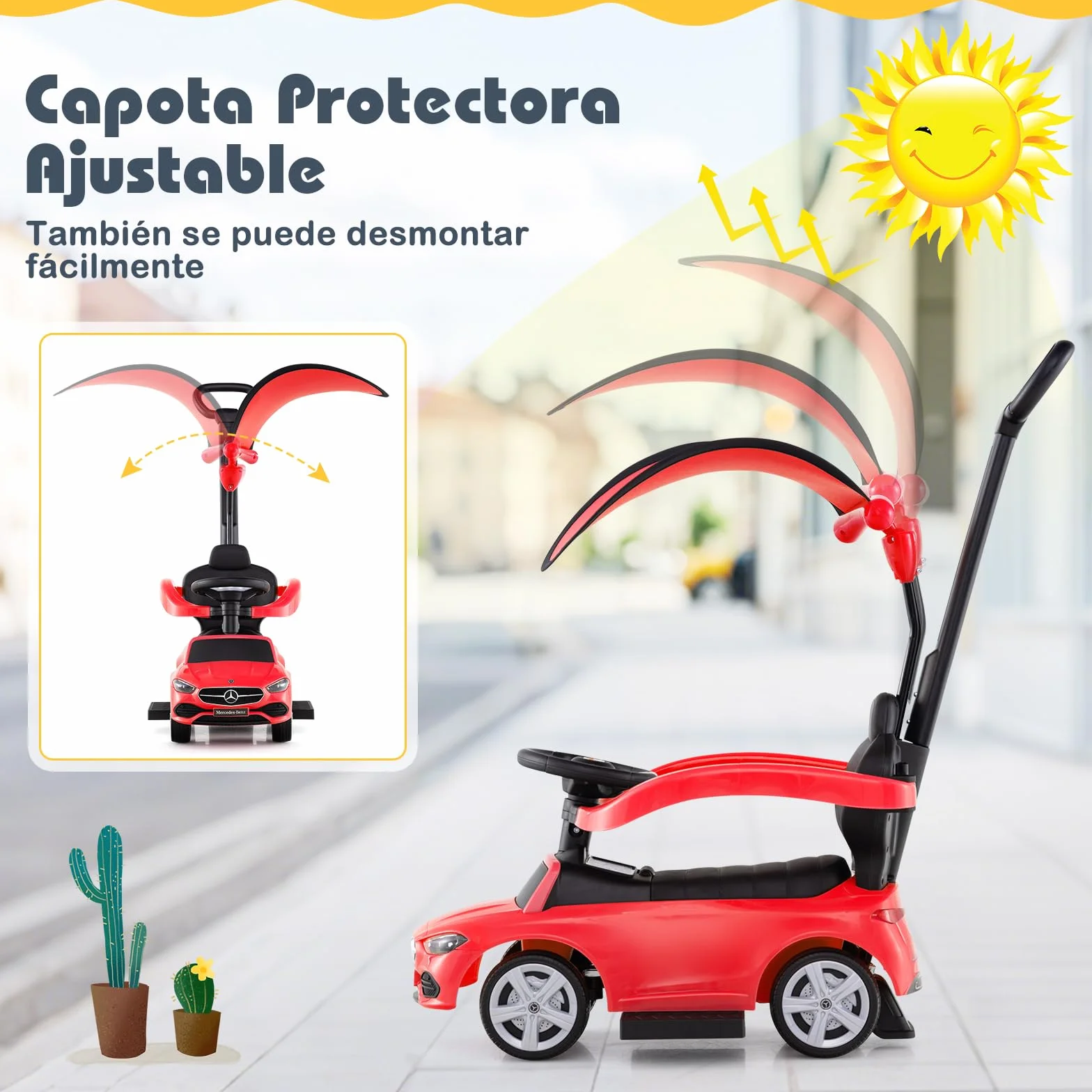 COSTWAY Coche Correpasillo 3 en 1 para Niños, Coche de Juguete con Barra de Empuje y Capota Ajustable, Coche con Pedal y Bocina para Niños de 18-36 Meses con Sonido (Rojo)