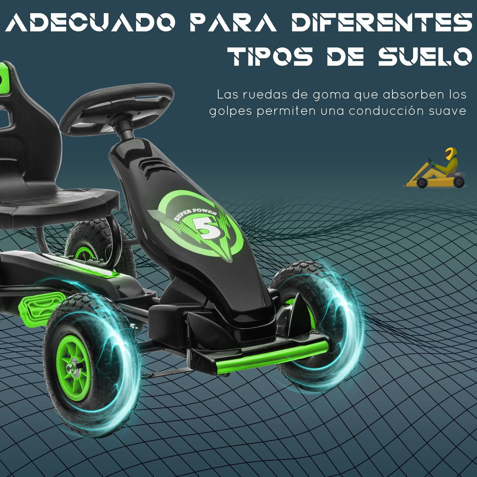 HOMCOM Kart Pedales Coche de Pedales para Niños de 5-12 Años con Asiento Ajustable Neumáticos Inflables Amortiguador y Freno de Mano Carga 50 kg Verde