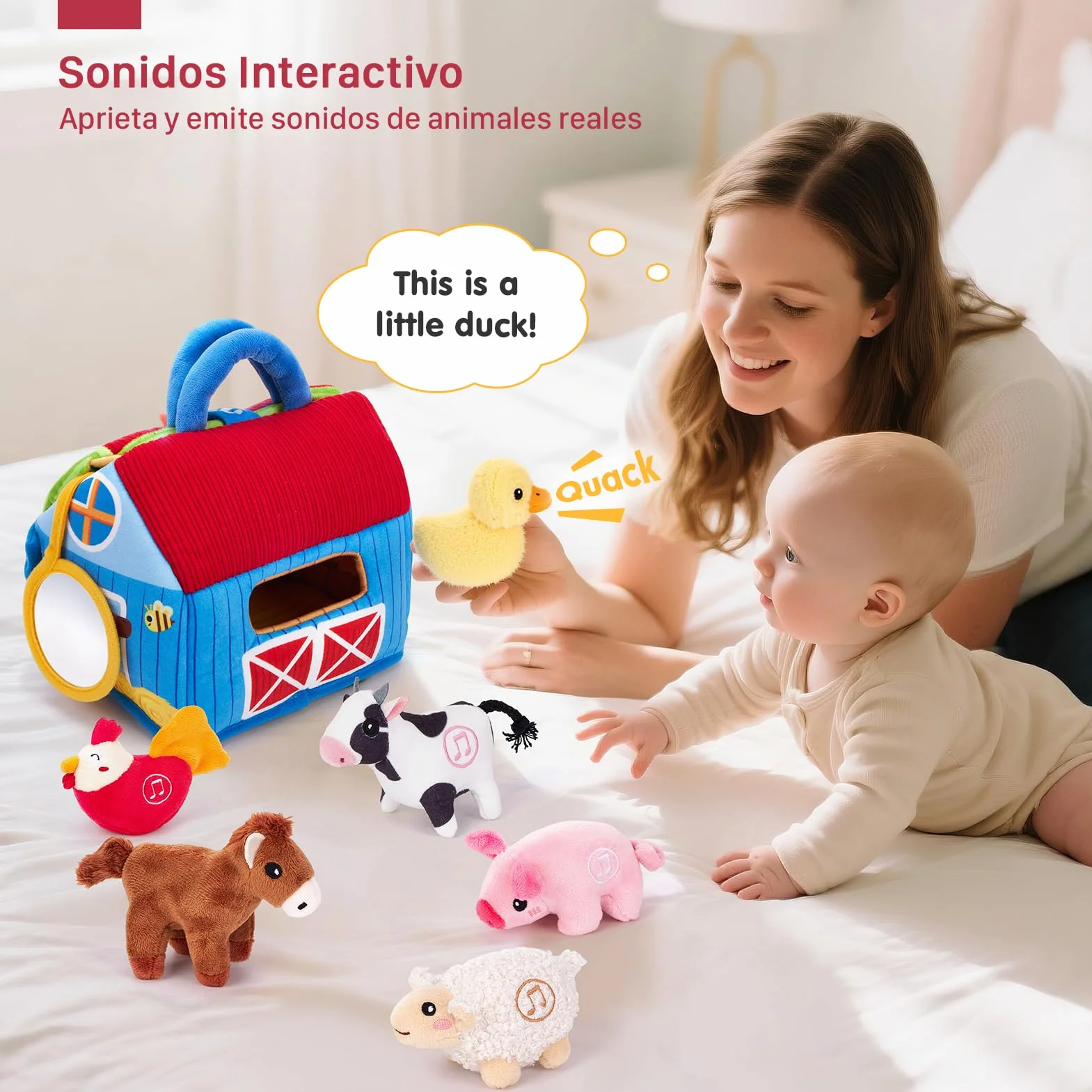 hahaland Juguetes Bebes 6-12 Meses - Granja de Peluche con 6 Animales Interactivo, Granero Plegable Blando - Montessori Juguetes Niños 1 año Regalo Bebe 6 12 18 Meses