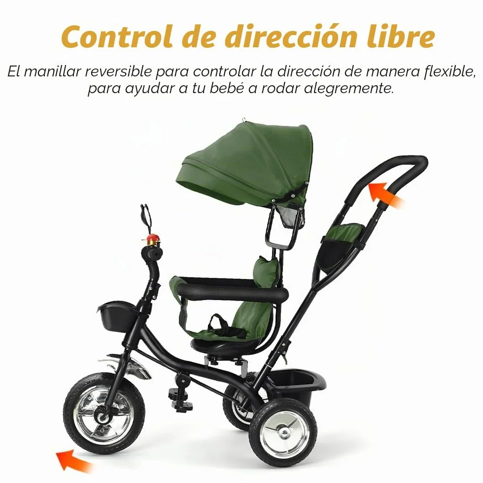 OHMG Triciclo bebé evolutivo 5 en 1 bicicleta. Silla de paseo con mango de empuje, toldo desmontable, cinturón de seguridad de 5 puntos, almacenamiento, reposapiés, freno, para niños de 1 a 5 años