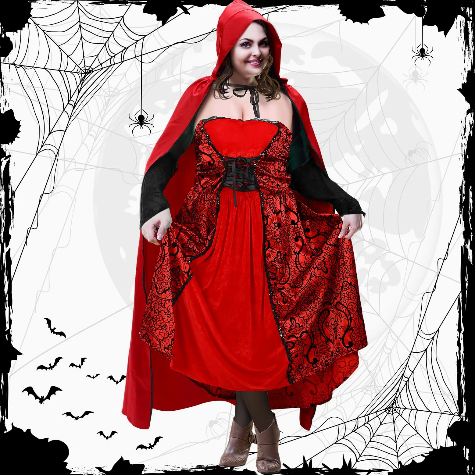Mepase Disfraz de Caperucita Roja de talla grande para mujer adulta, capa con capucha de Halloween, capa roja, vestido, medias, guantes para cosplay, accesorios de fiesta