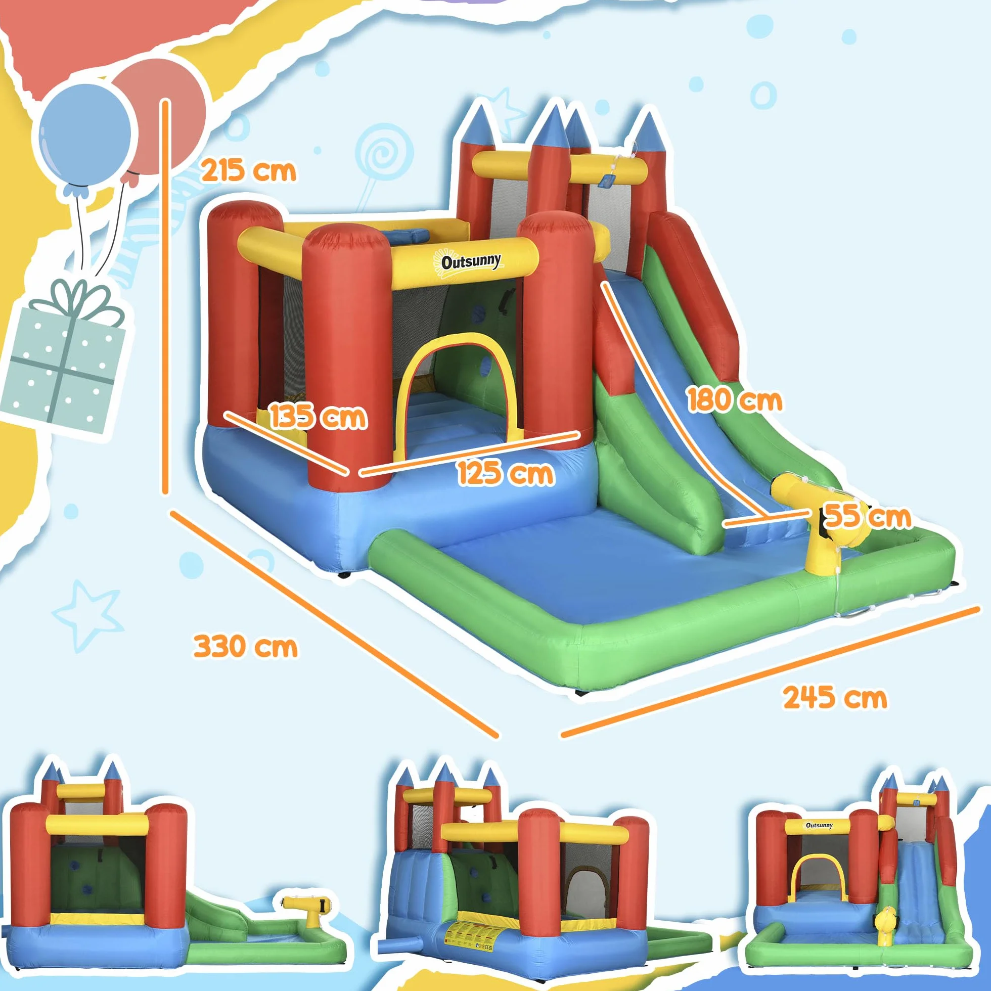 Outsunny Castillo Hinchable para Niños +3 Años 6 en 1 Castillo Inflable con Inflador Parque Acuático con Tobogán Zona de Salto Piscina y Bolsa de Transporte 330x245x215 cm Multicolor