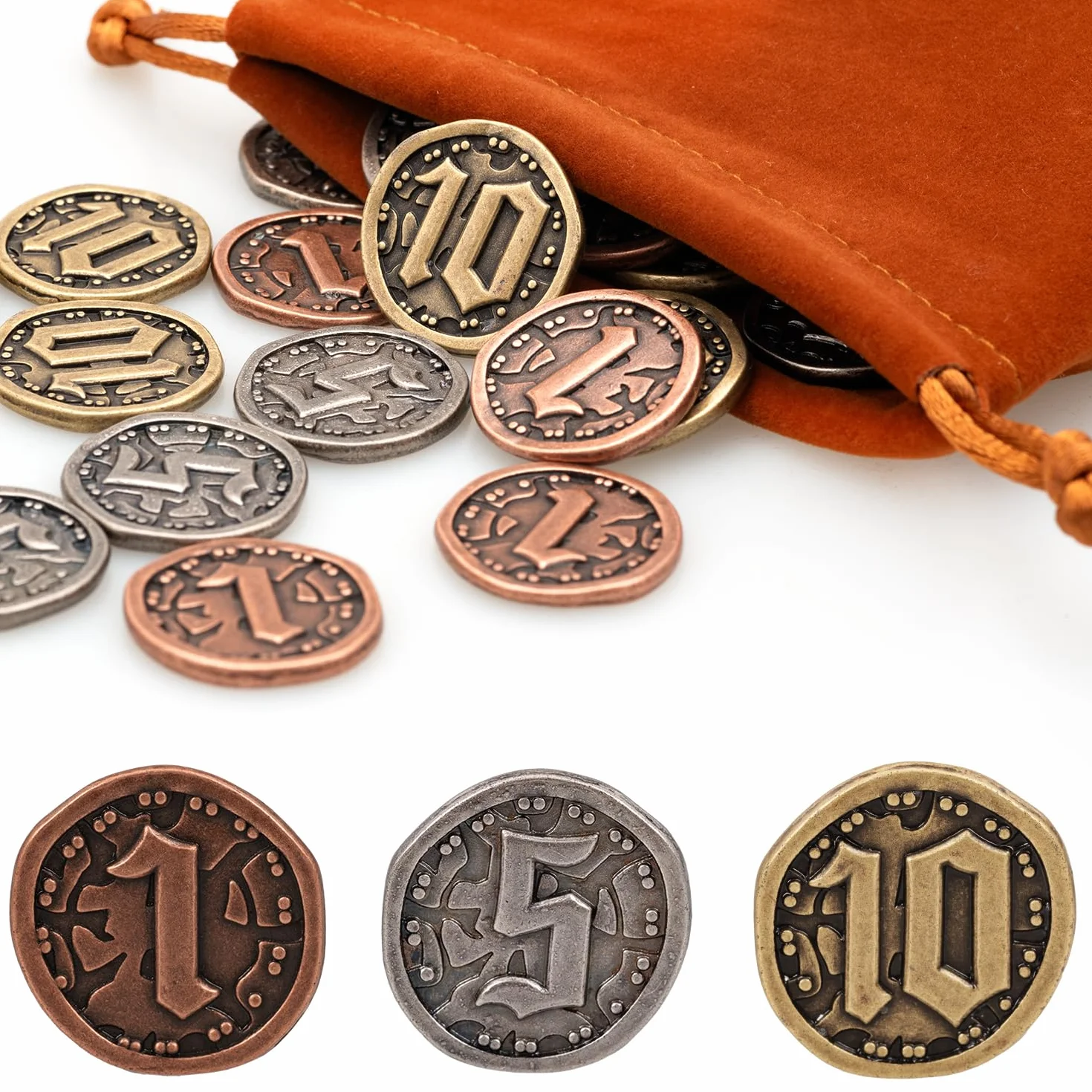 30 monedas de metal para juegos de mesa, fichas doradas y plateadas con valor facial (1, 5, 10) para RPG de mesa, monedas del tesoro para fiesta de juegos piratas, cosplay