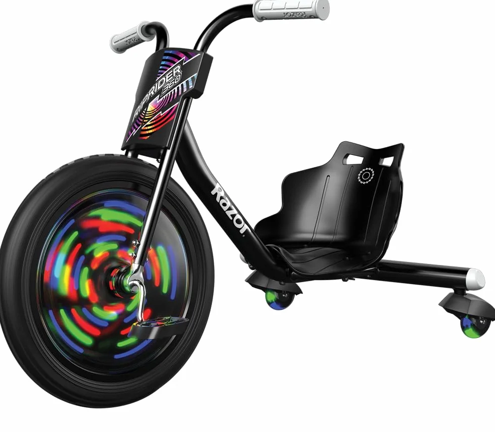 Razor RipRider 360 Lightshow - Triciclo para Niños 5+ con 360° Drift Steering, Luces Multicolores Activadas por Movimiento, Triciclo Drift de 3 Ruedas con Ruedas Traseras - Negro