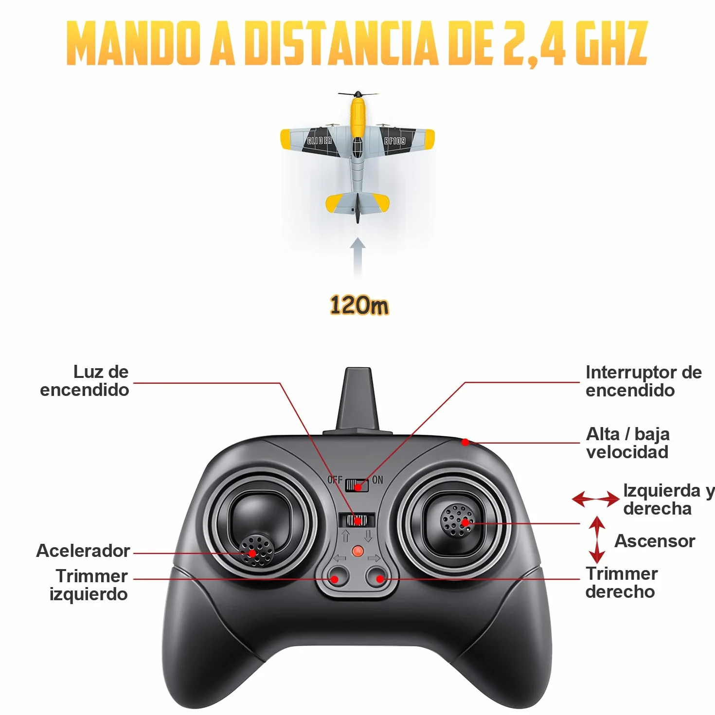 HAWK'S WORK 3 Canales RC Avión BF-109, Avión Teledirigido Listo para Volar, 2.4GHz Estabilizador Giroscópico de 6 Ejes, Fácil de Volar para Niños y Principiantes