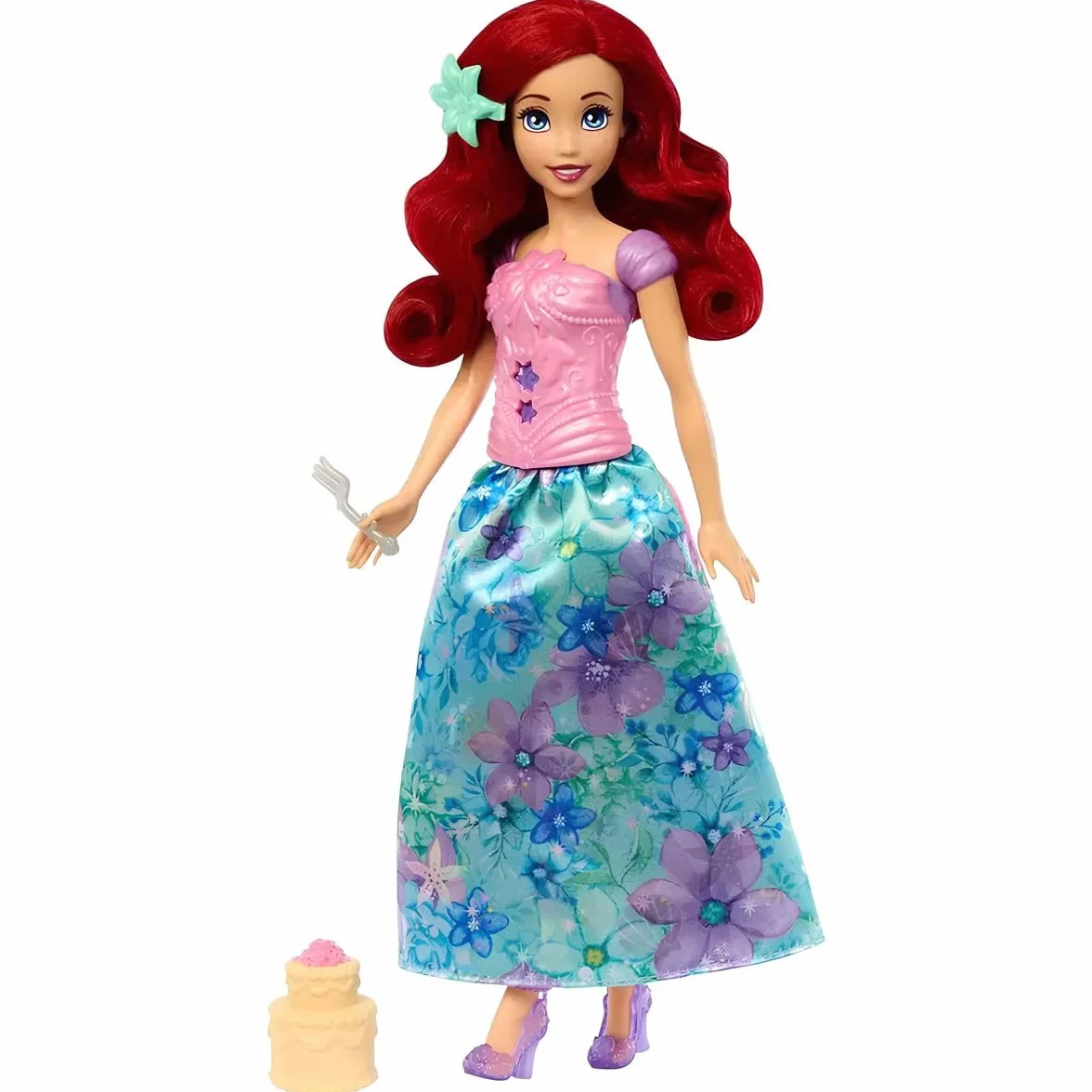 Mattel Disney Princess Spin & Reveal Ariel, Muñeca princesa con falda de flores, incluye 11 sorpresas como 5 accesorios y 5 pegatinas, juguete regalo para niños y niñas +3 años, HTV88