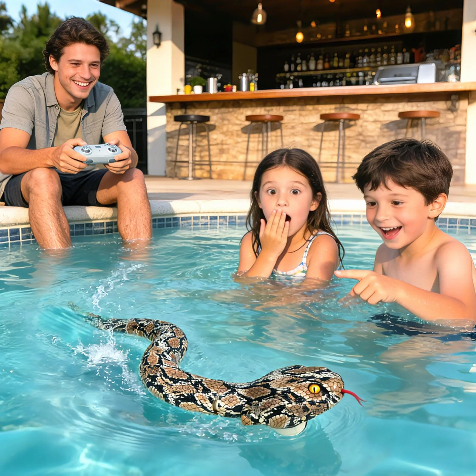 HILKKET Serpiente Teledirigida, Serpiente pitón Teledirigida de 64 cm, Juguete eléctrico de Serpiente para Tierra y Agua a 5 km/h, Juguete Impermeable para Piscina, Juguete Acuático para Niños