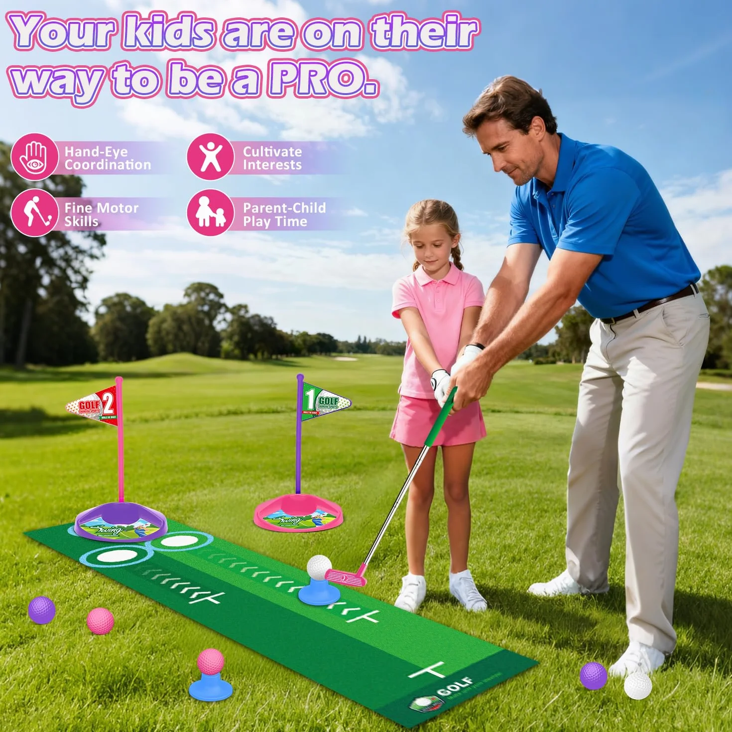 Set de Golf para Niños Devolvedor Automático de Bolas Dinosaurio, Pelotas de Golf Luminosas con LED, 3 Palos, Juegos de Golf para Niñas de 3 a 8 Años, Juguetes Deportivos Interior Exterior (Rosa)