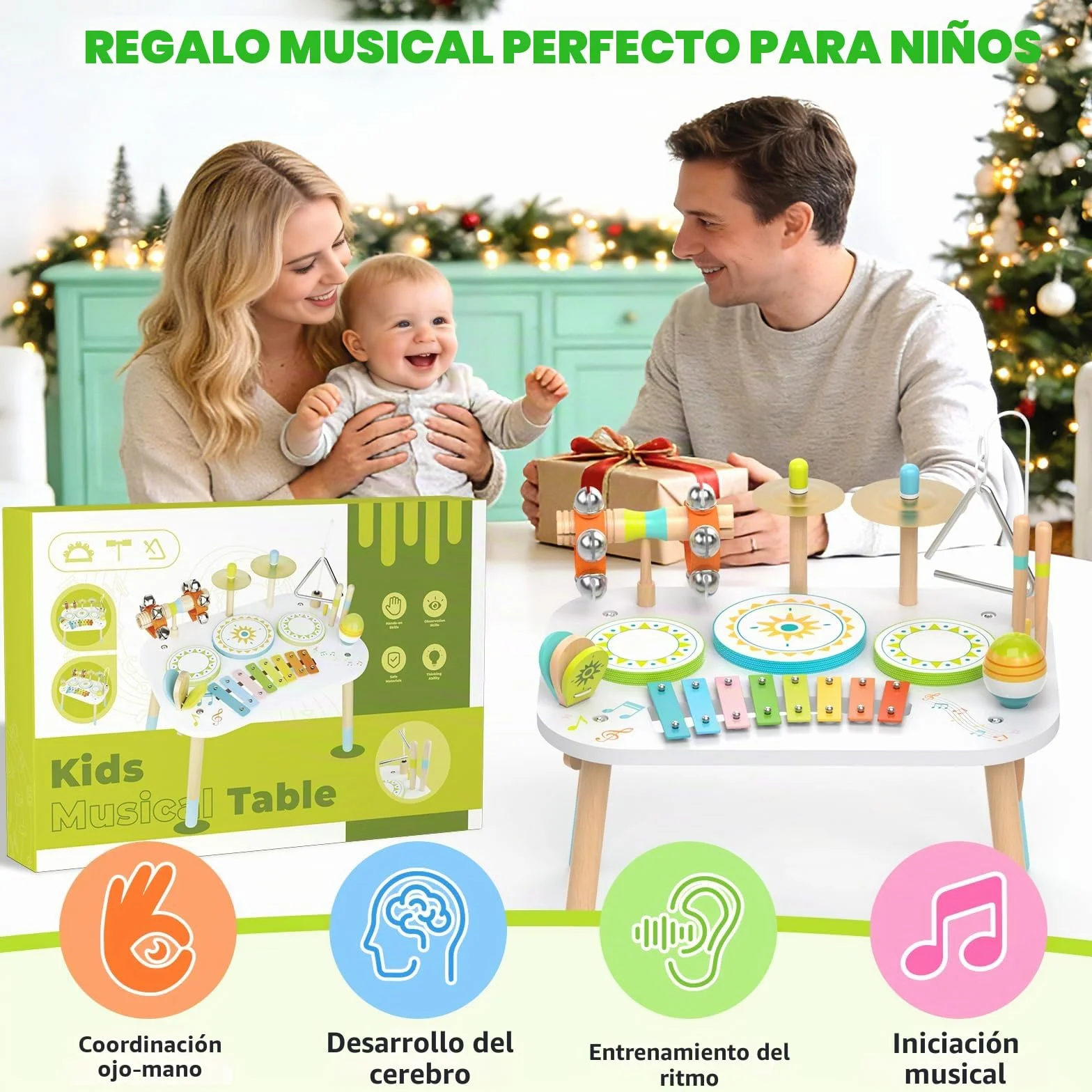 Batería 12‑en‑1 para Niños 1‑3 Años, Mesa Instrumentos Musicales Bebé, Juguetes Madera Montessori con Xilófono, Bongos, Platillo, Maracas & Cascabeles de Muñeca, Regalo Cumpleaños Niño Niña 1 2 3 Años