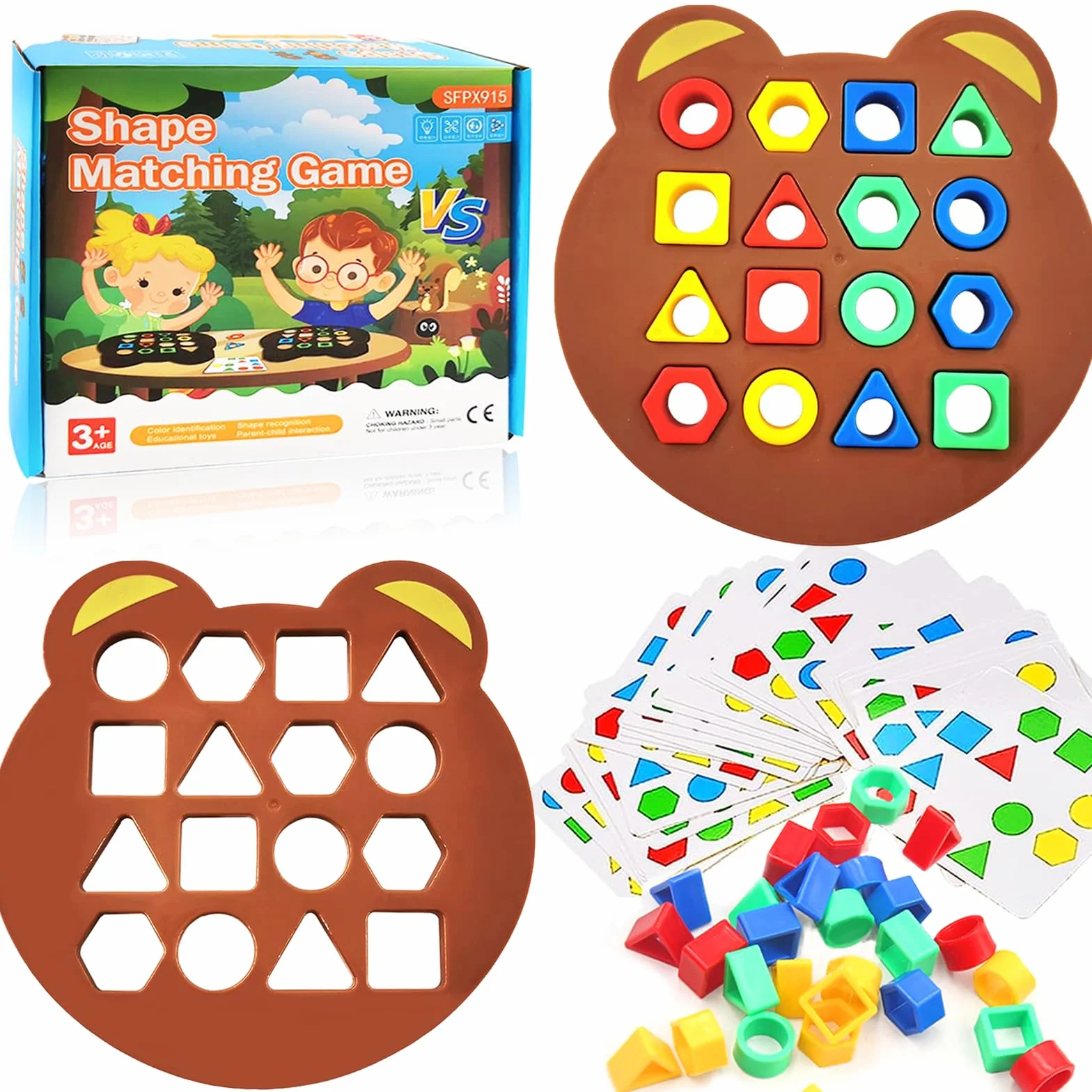 Juego de Correspondencia de Formas Geométricas, Montessori Shape Matching Game, Juguete Educativo de Colores y Formas, Puzzle de Lógica y Motricidad Fina para Niños 3+ Años (Oso)