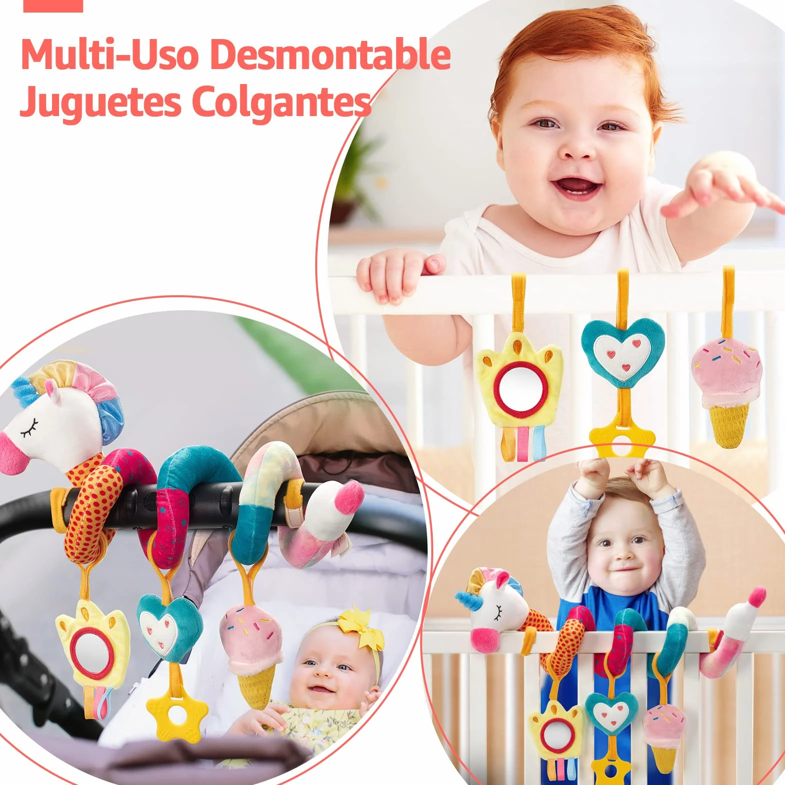 hahaland Colgantes para Cochecitos Juguetes Bebes 0 3 6 12 Meses, Espiral Actividades Juguetes Colgantes con Mordedor y Sonajero, Suave Peluches para Bebes Niños y Niñas Regalos Originales