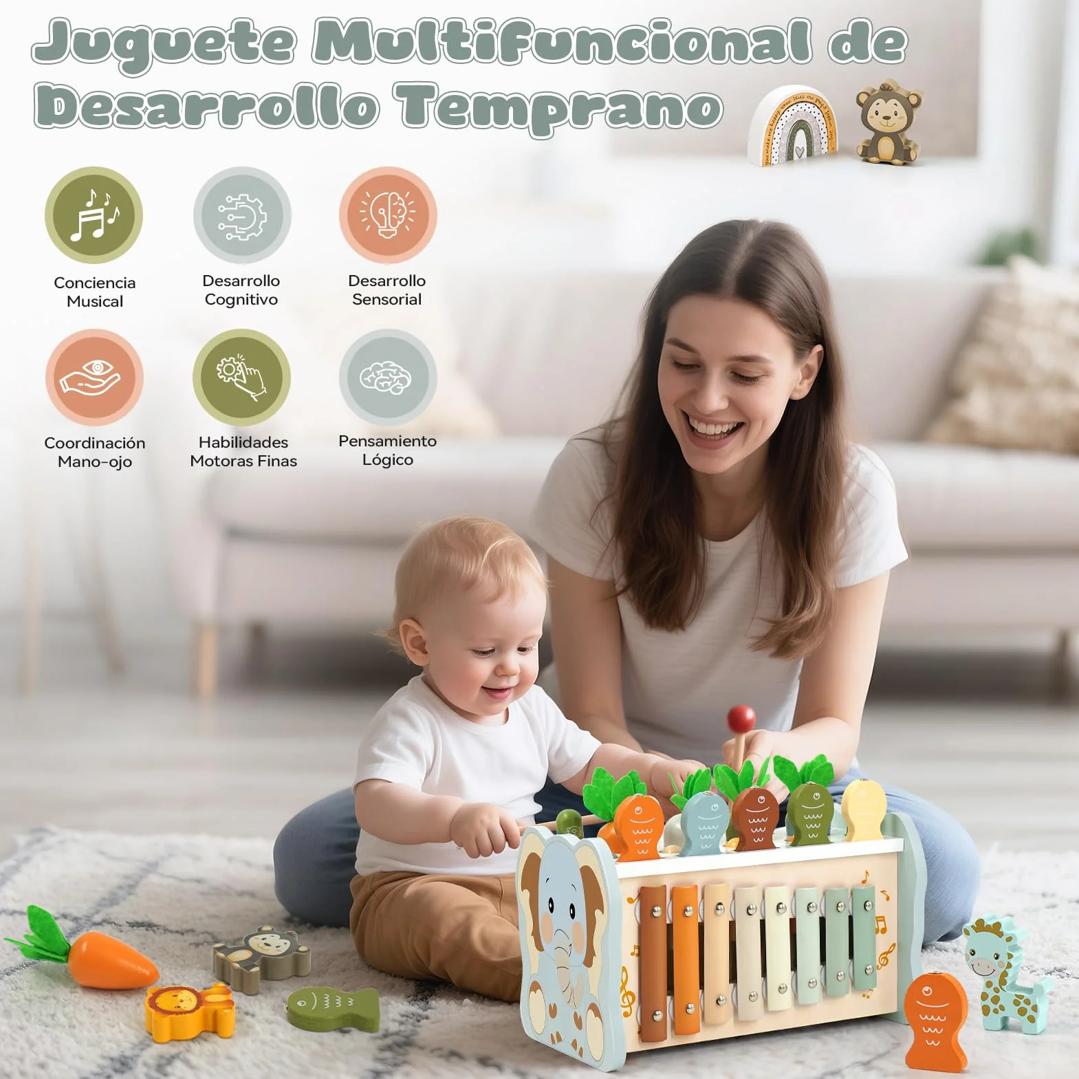 Juguetes Montessori 1 Años, 6 en 1 Juguetes Niños 1 Año, Juguetes Madera con Martillo, Xilofono Bebe, Juego de Pesca, Juegos Sensoriales Educativos Regalo Niño Niña 1 2 3 Años Cumpleaños Navidad