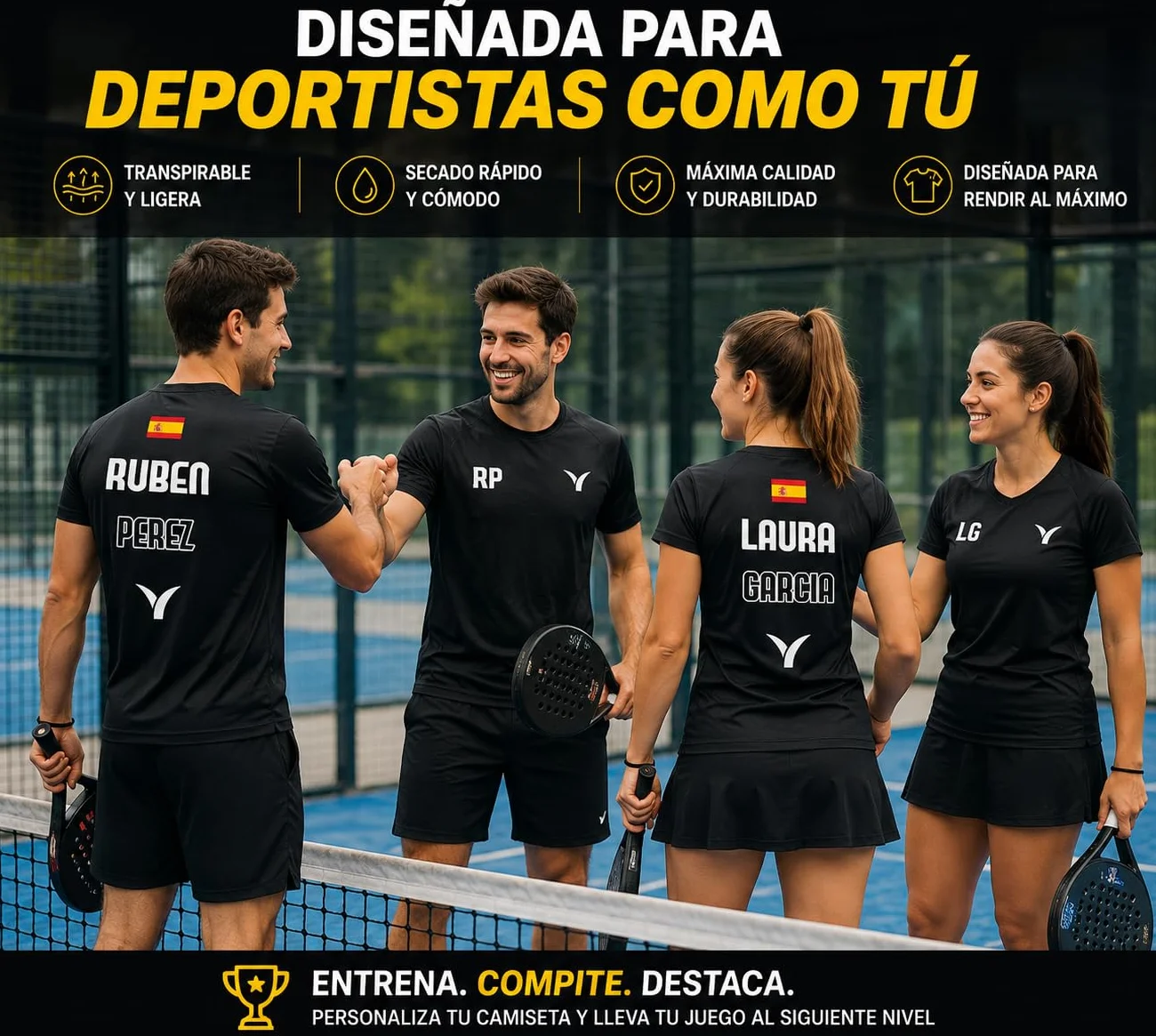 Camiseta Pádel Personalizable Unisex con Nombre y Bandera – Impresión DTF, Transpirable, Secado Rápido