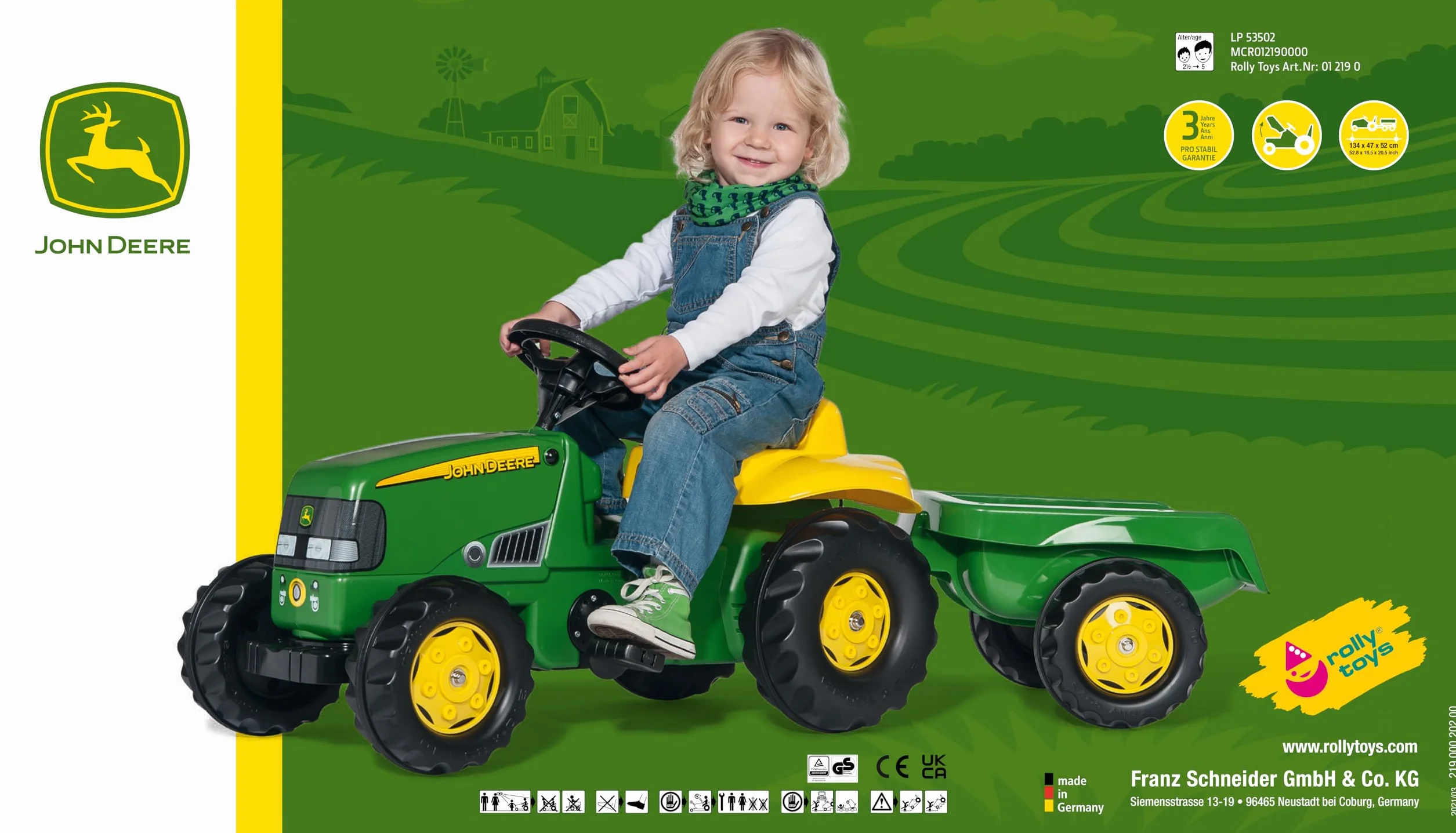 Rolly Toys 012190 - rollyKid John Deere (con remolque, dirección por palanca giratoria, edad 2,5 - 5 años, enganche trasero), verde, 134,0 x 52,0 x 47,0 cm